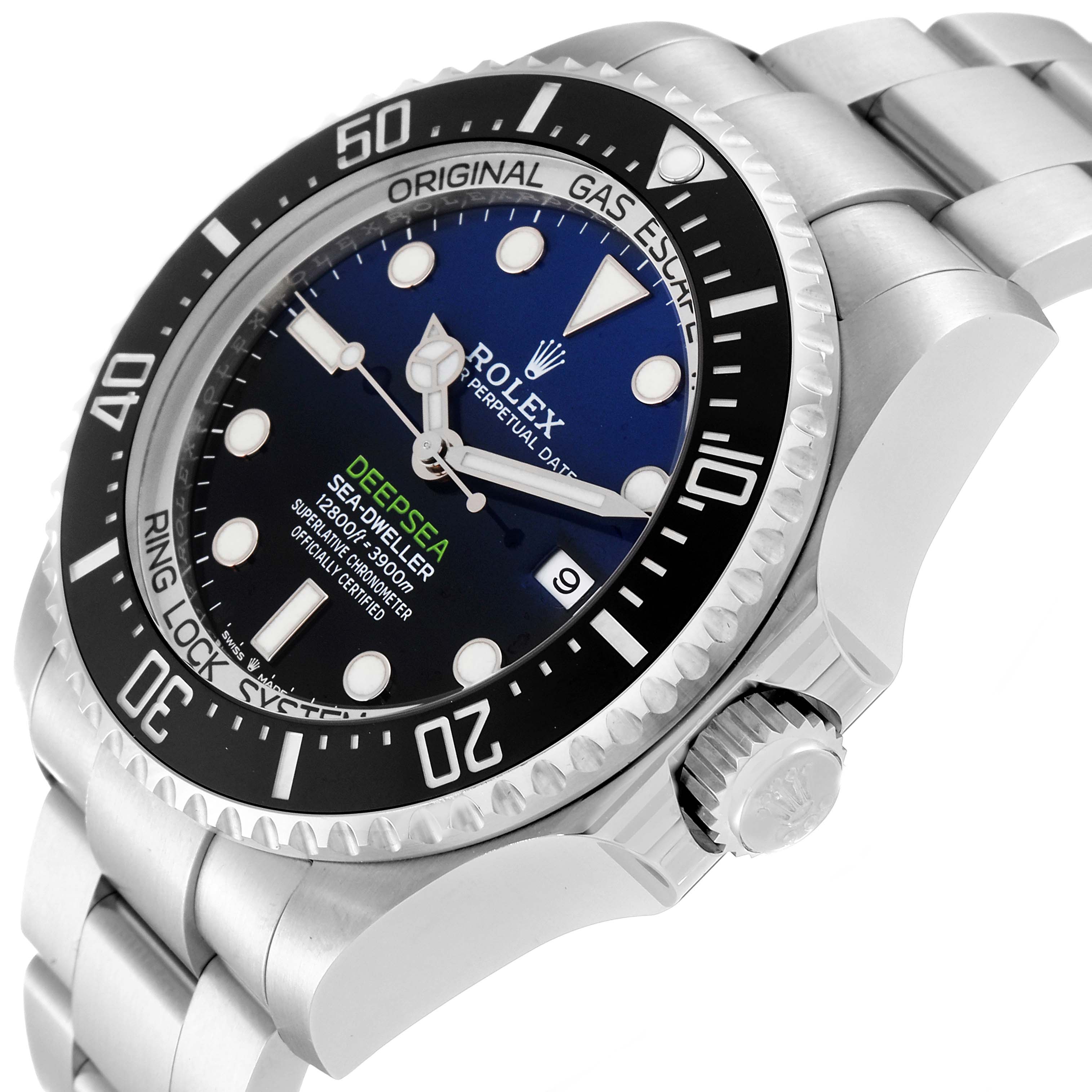 The image shows a Rolex Sea-Dweller 126660 Men
s Stainless Steel Blue Dial 126660 Men
s Stainless Steel Blue Dial watch at a slight angle, highlighting its face, bezel, crown, and a portion of the bracelet.