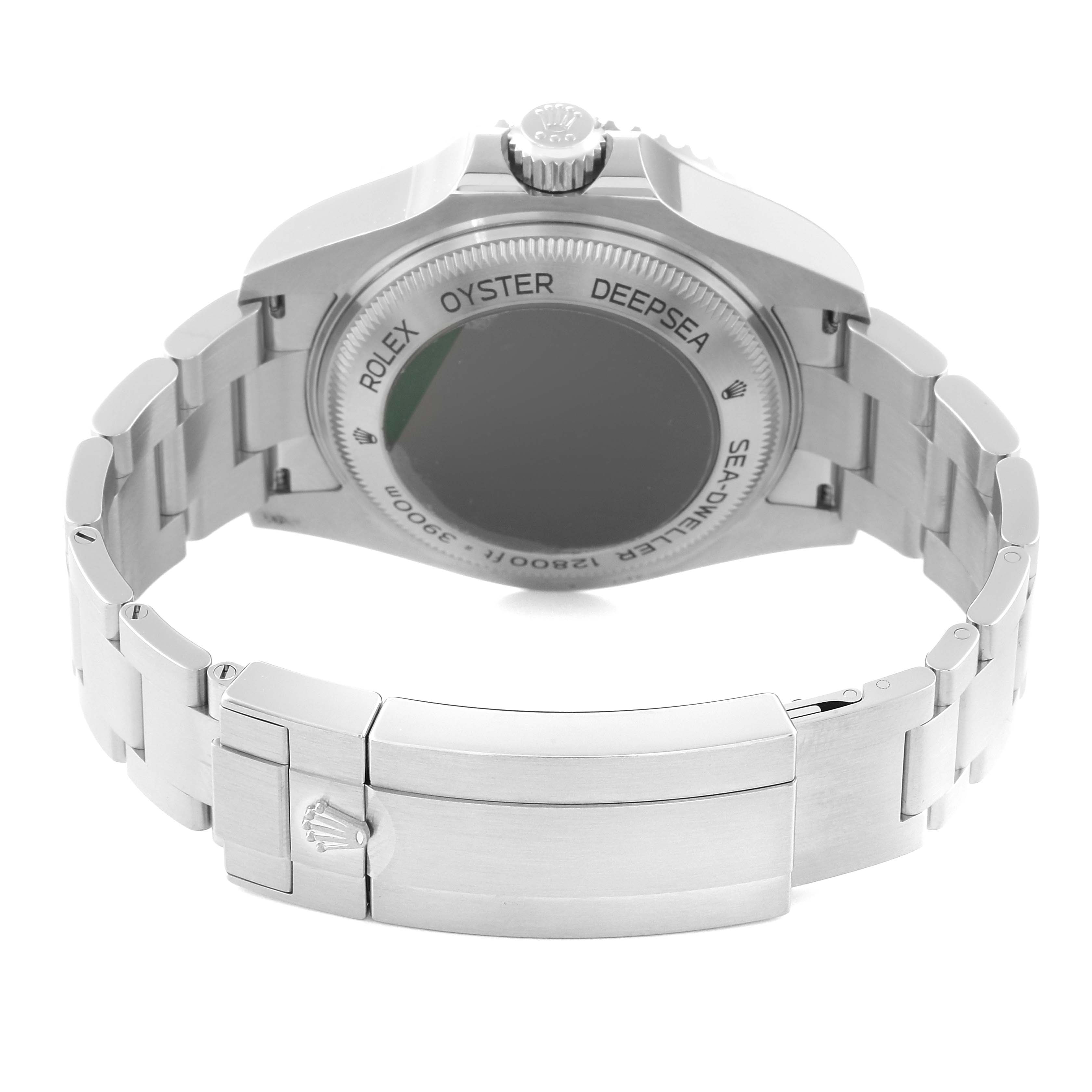 The image shows the back and clasp of the Rolex Sea-Dweller 126660 Men
s Stainless Steel Blue Dial 126660 Men
s Stainless Steel Blue Dial watch at a slightly tilted angle.