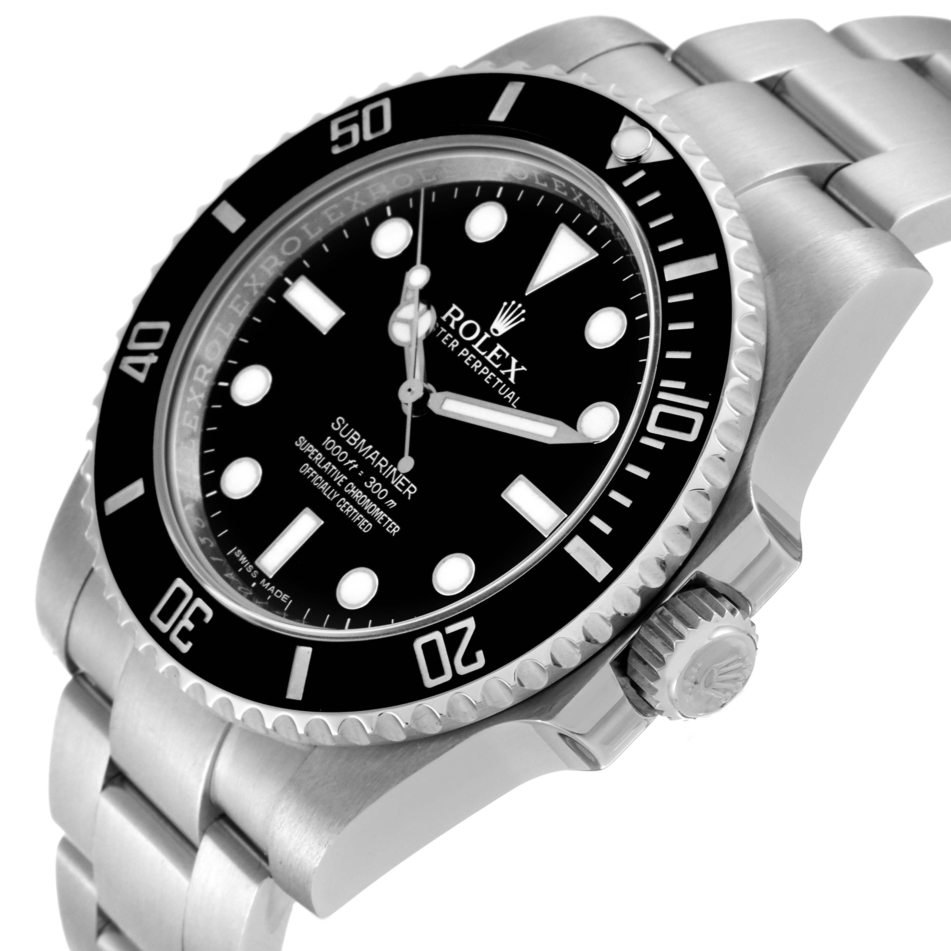 The image shows a Rolex Submariner 114060 Men's Stainless Steel Black Dial 114060 Men's Stainless Steel Black Dial watch at an angled view, highlighting the dial, bezel, crown, and part of the bracelet.