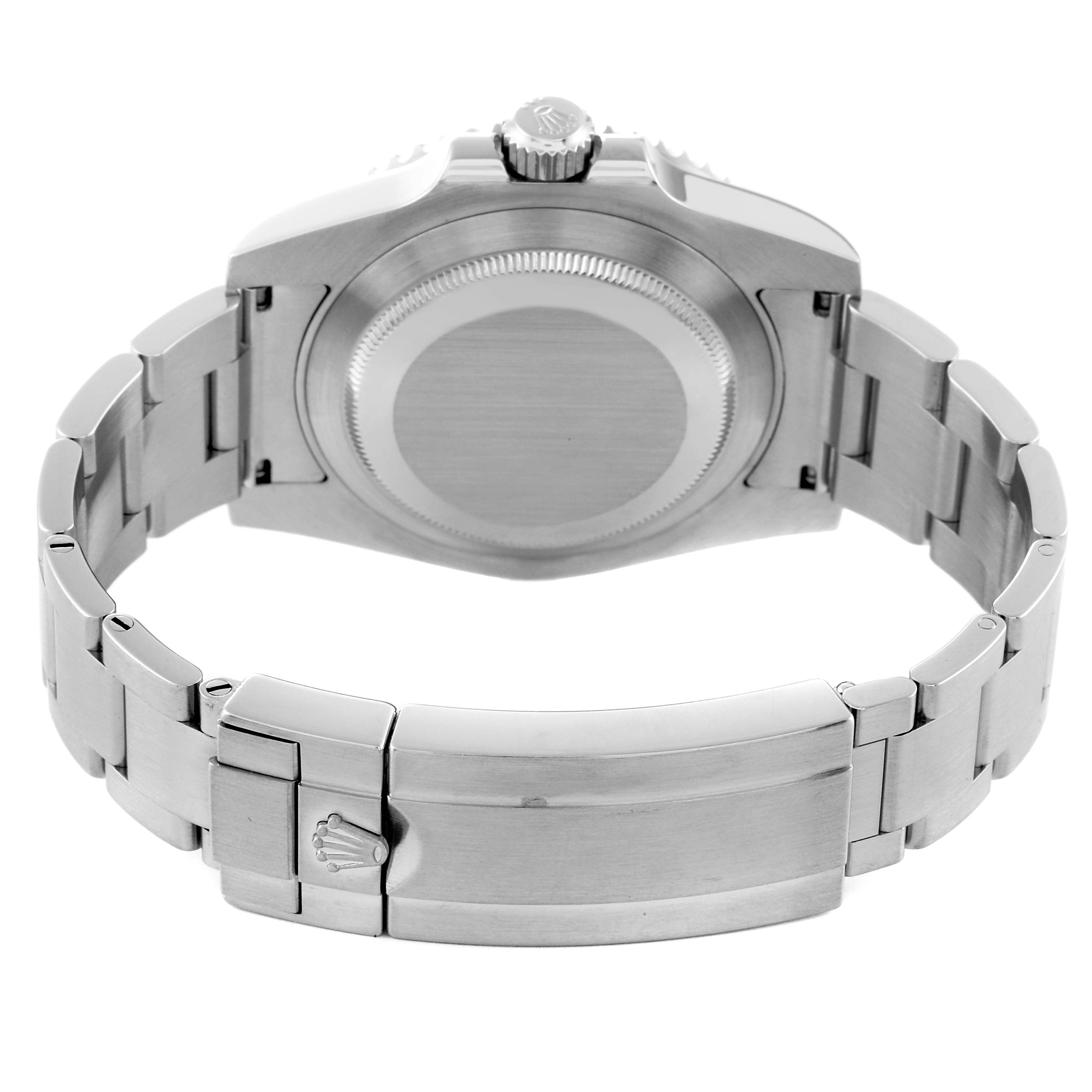 This image shows the back view of a Rolex Submariner 114060 Men's Stainless Steel Black Dial 114060 Men's Stainless Steel Black Dial watch, highlighting the case back, crown, and bracelet clasp.