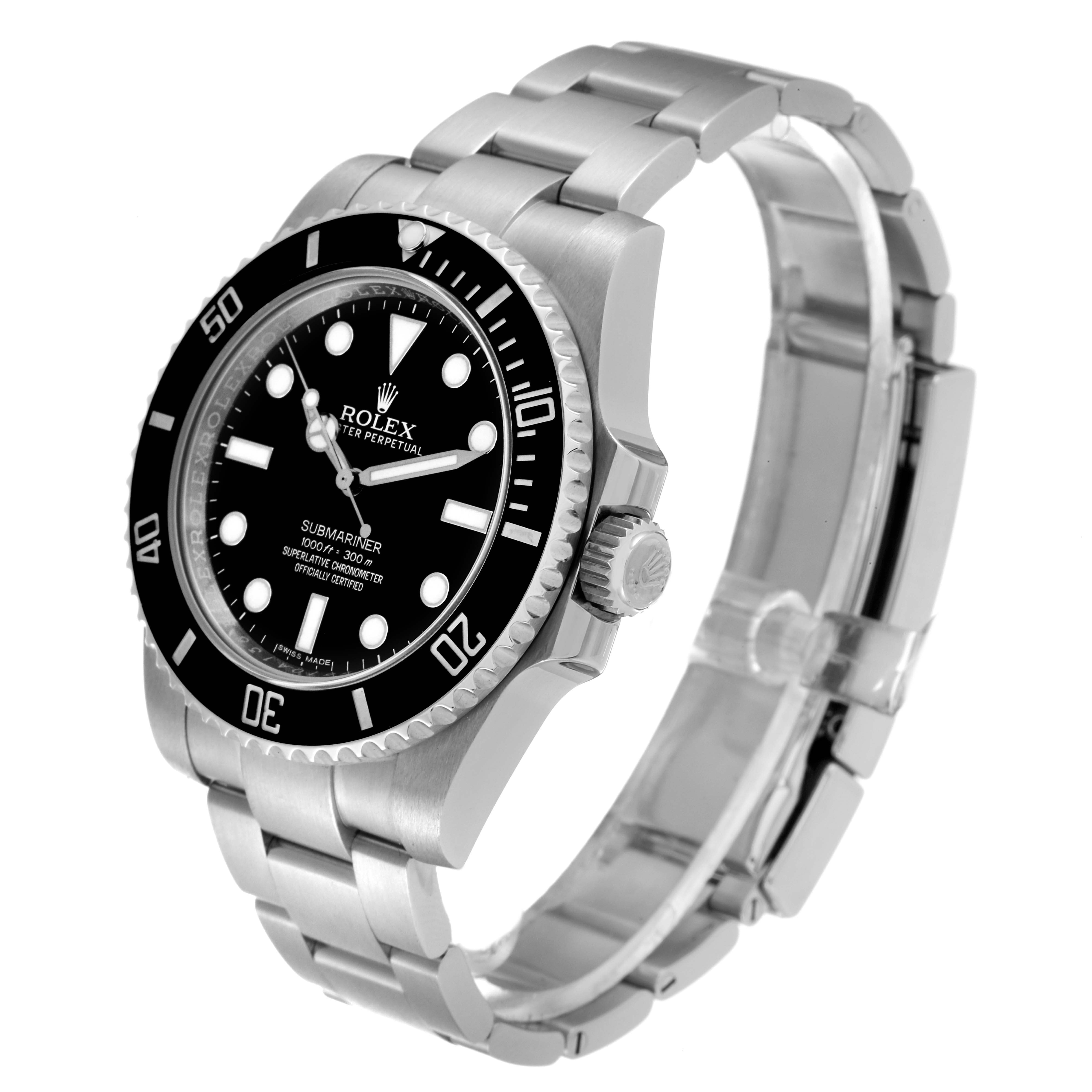 The Rolex Submariner 114060 Men's Stainless Steel Black Dial 114060 Men's Stainless Steel Black Dial watch is shown at a three-quarter angle, displaying its dial, bezel, crown, and metal bracelet.