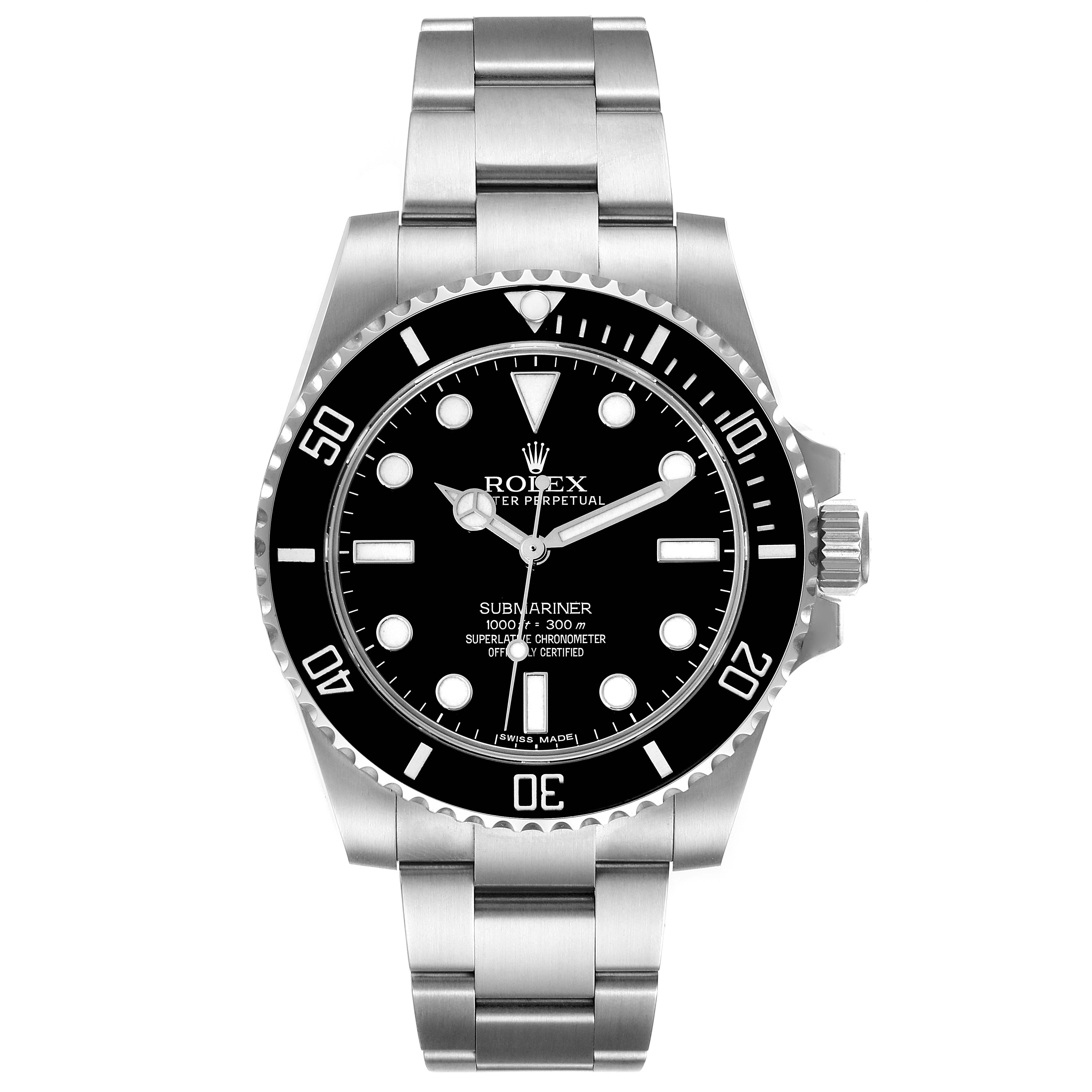 The image shows a front view of the Rolex Submariner 114060 Men's Stainless Steel Black Dial 114060 Men's Stainless Steel Black Dial watch, displaying its dial, bezel, and stainless steel bracelet.