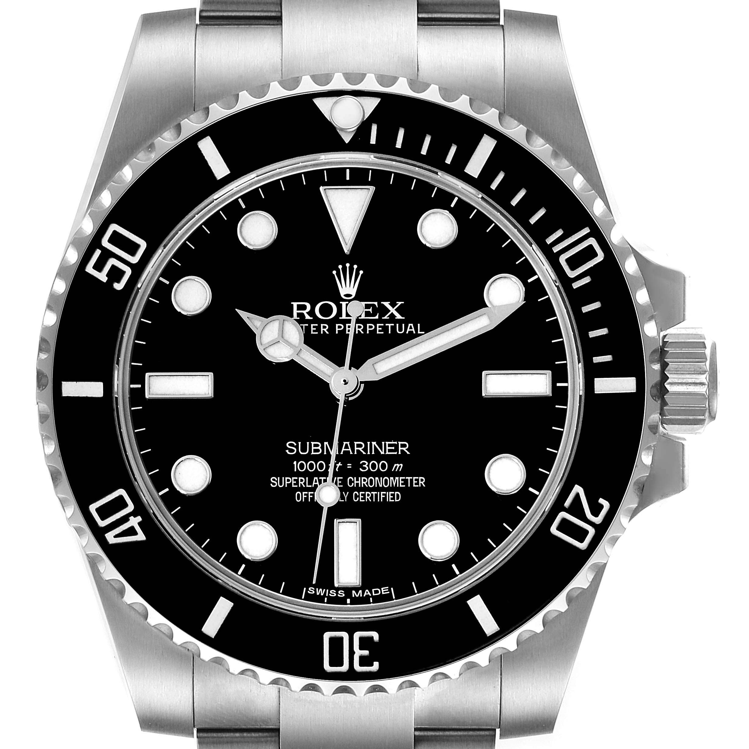 This image shows a frontal view of the Rolex Submariner 114060 Men's Stainless Steel Black Dial 114060 Men's Stainless Steel Black Dial, displaying the watch face, bezel, crown, and part of the bracelet.
