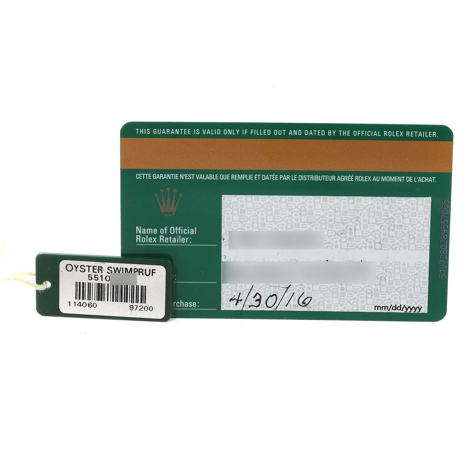 The image shows the warranty card and hang tag for a Rolex Submariner 114060 Men's Stainless Steel Black Dial 114060 Men's Stainless Steel Black Dial model watch.