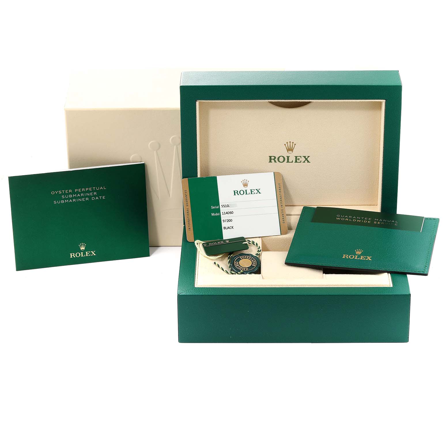The image shows the box, warranty card, manuals, and tag for a Rolex Submariner 114060 Men's Stainless Steel Black Dial 114060 Men's Stainless Steel Black Dial.