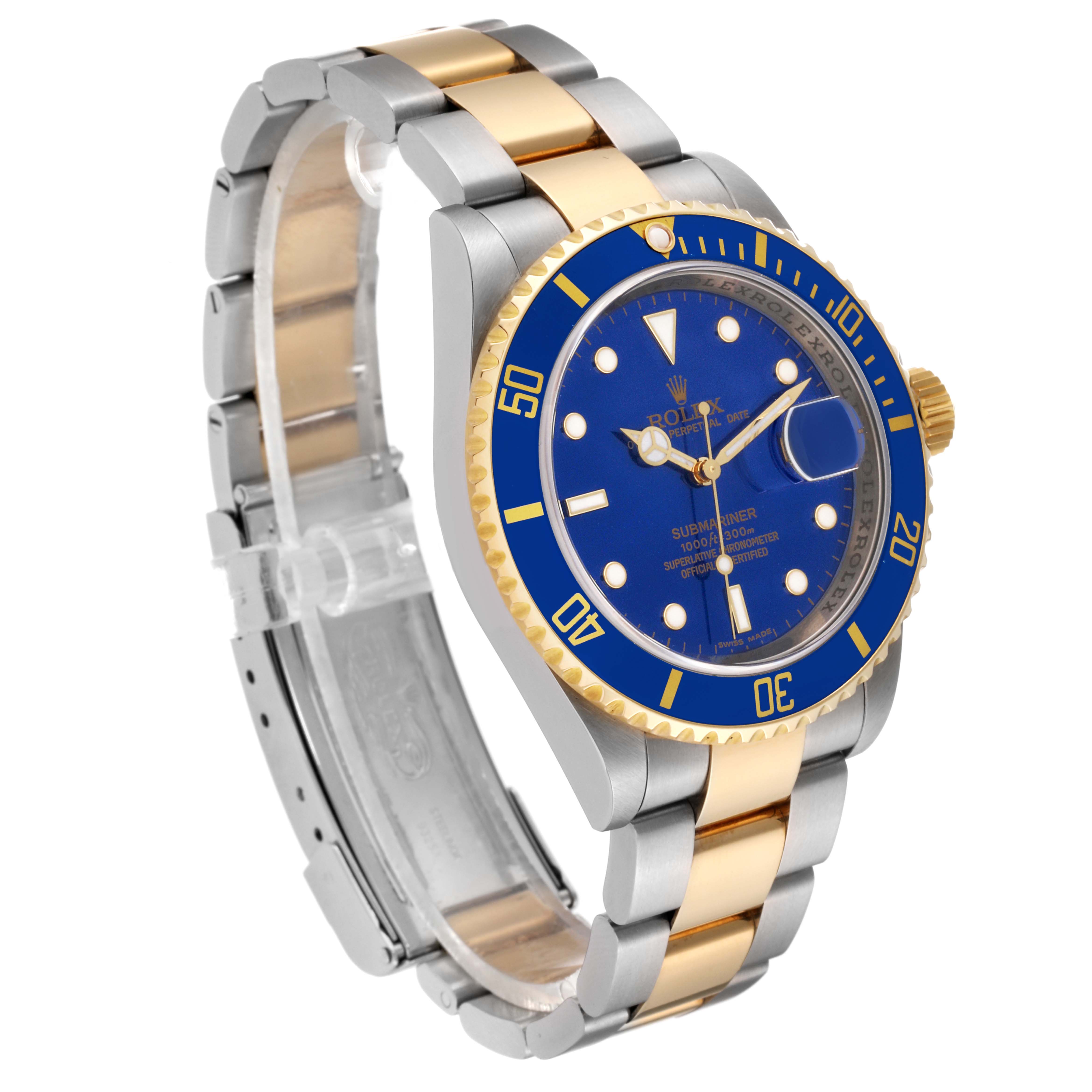 The image shows a Rolex Submariner 16613 Men's Steel and Gold (two tone) Blue Dial 16613 Men's Steel and Gold (two tone) Blue Dial watch at a three-quarter front angle, highlighting the blue dial, bezel, and two-tone metal bracelet.