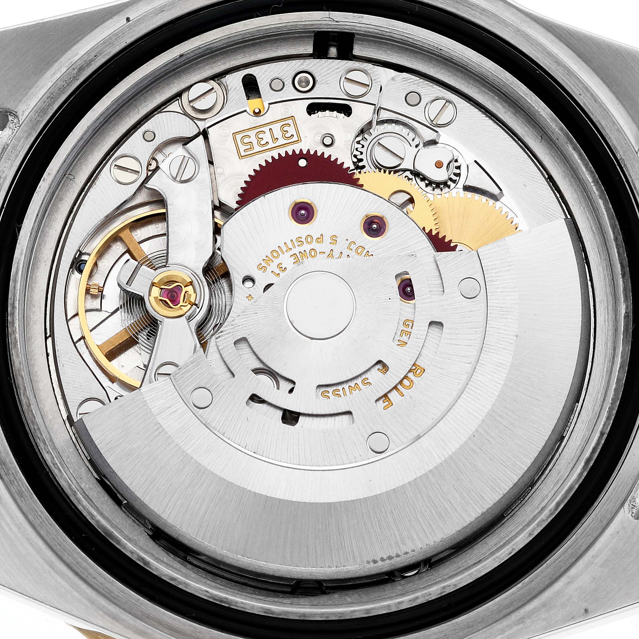 The image shows the internal movement mechanism of a Rolex Submariner 16613 Men's Steel and Gold (two tone) Blue Dial 16613 Men's Steel and Gold (two tone) Blue Dial watch from a macro angle.