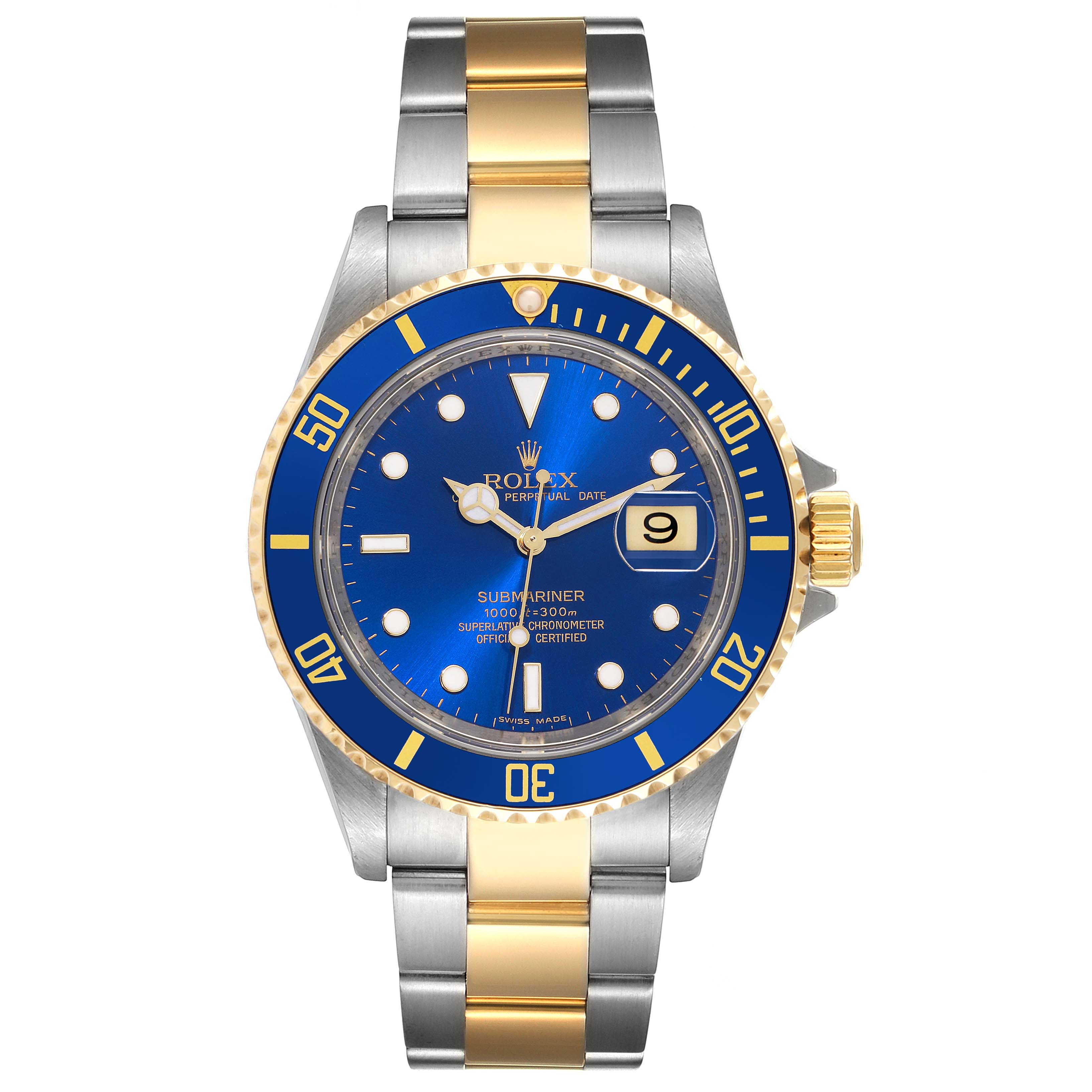 This image shows the front view of a Rolex Submariner 16613 Men's Steel and Gold (two tone) Blue Dial 16613 Men's Steel and Gold (two tone) Blue Dial watch, including its blue dial, bezel, and two-tone bracelet.