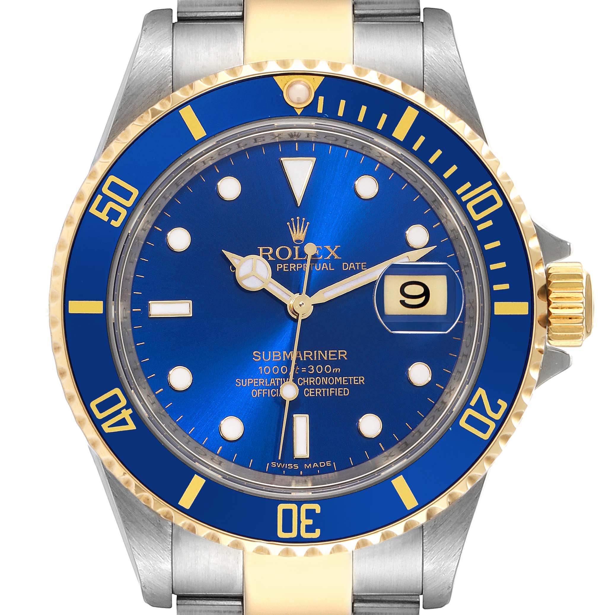 The image shows a front view of a Rolex Submariner 16613 Men's Steel and Gold (two tone) Blue Dial 16613 Men's Steel and Gold (two tone) Blue Dial with a blue dial, date display, and a blue and gold bezel.