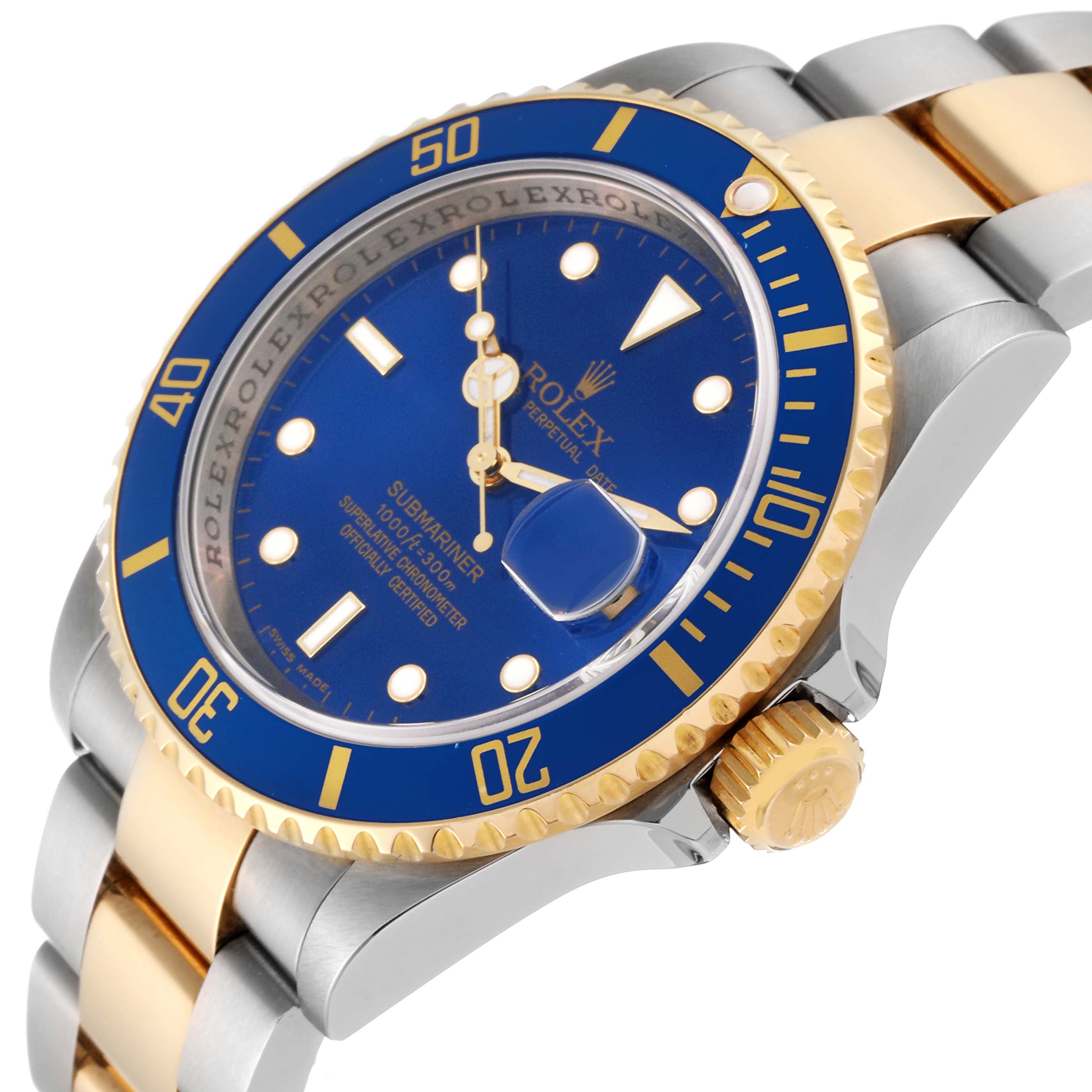 The image shows a close-up angle of the Rolex Submariner 16613 Men's Steel and Gold (two tone) Blue Dial 16613 Men's Steel and Gold (two tone) Blue Dial watch, highlighting its blue dial, gold accents, and the crown.