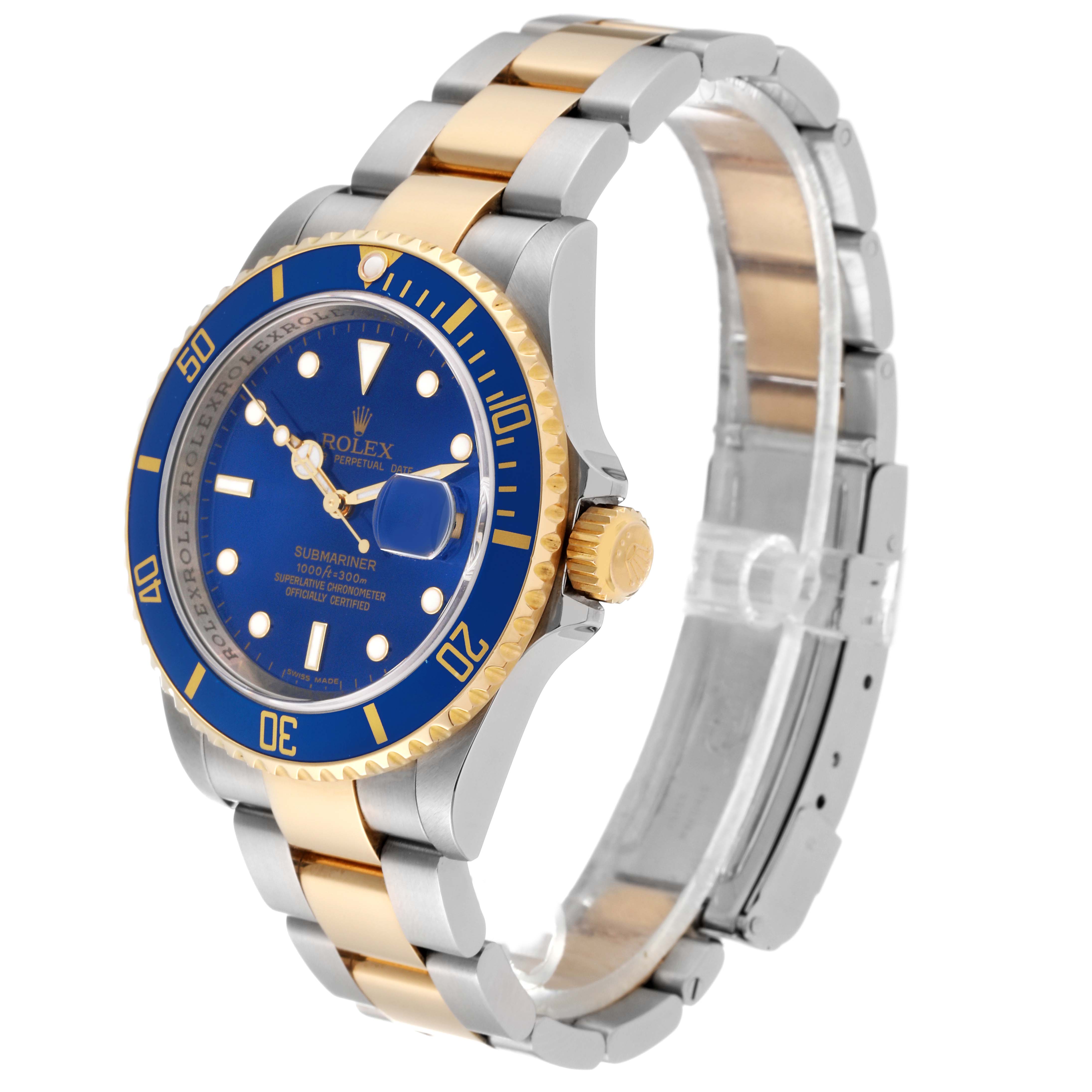 The image shows a Rolex Submariner 16613 Men's Steel and Gold (two tone) Blue Dial 16613 Men's Steel and Gold (two tone) Blue Dial watch at an angle displaying its face, bezel, case, and bracelet.