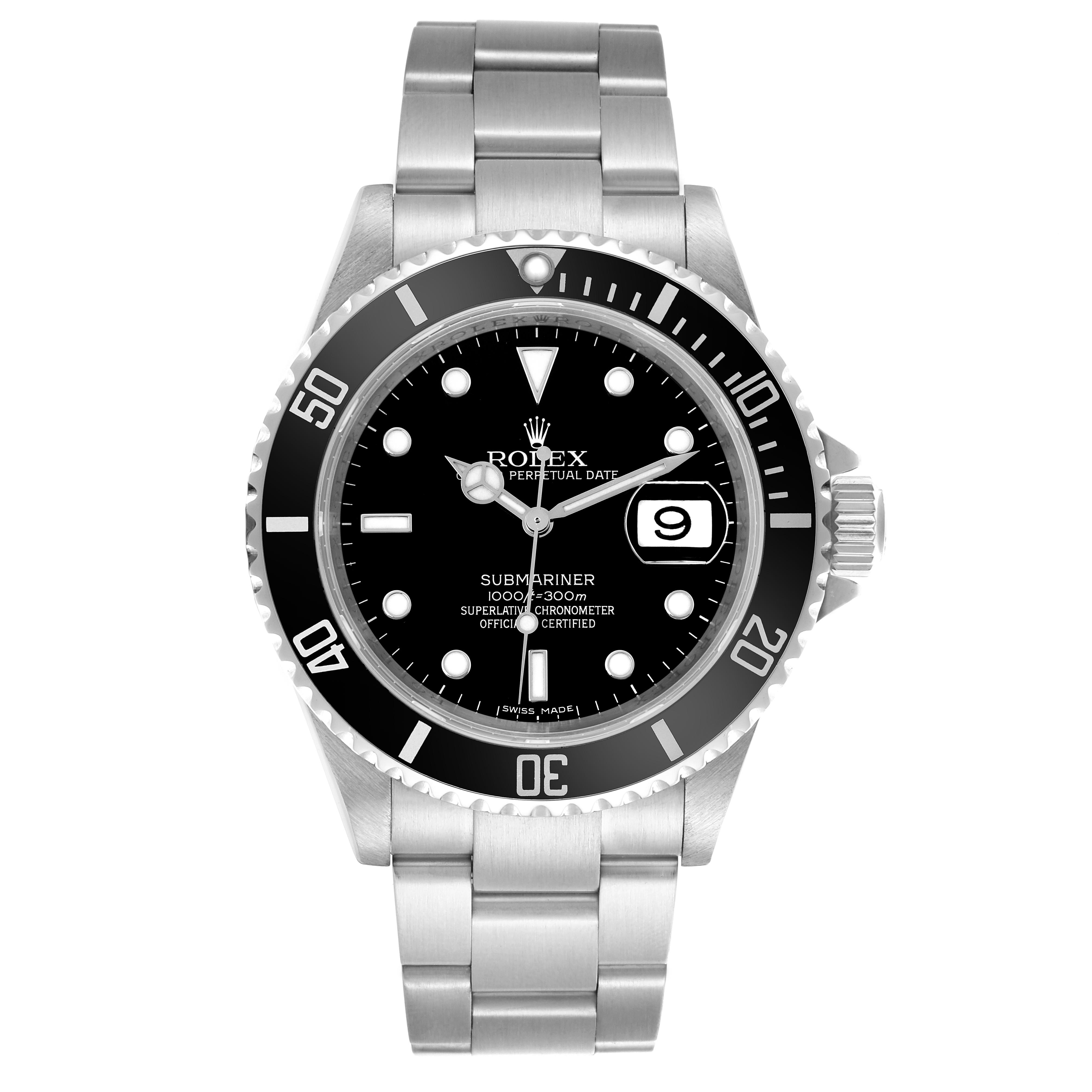 The Rolex Submariner 16610 Men's Stainless Steel Black Dial 16610 Men's Stainless Steel Black Dial watch is shown from a front view, displaying the dial, bezel, bracelet, and crown.