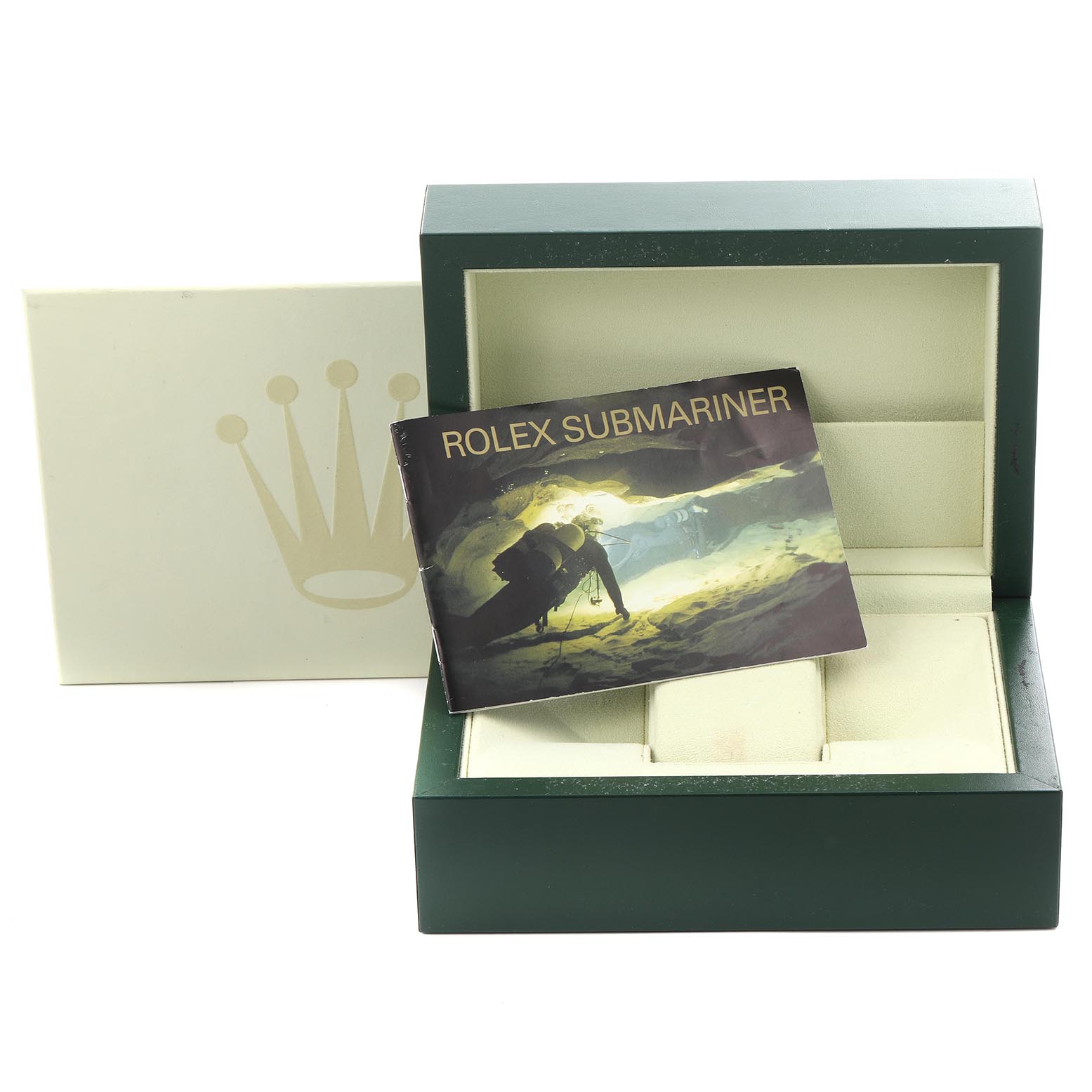 The image shows a Rolex Submariner 16610 Men's Stainless Steel Black Dial 16610 Men's Stainless Steel Black Dial box and booklet, viewed from the front.