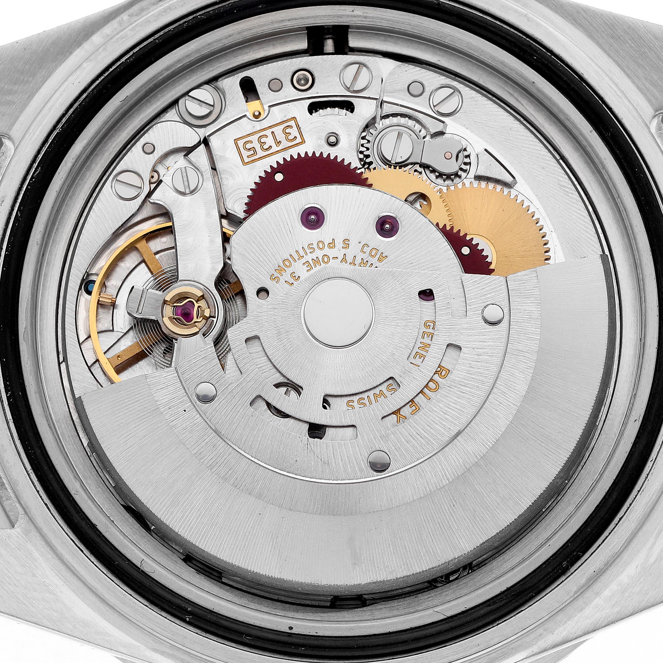 The image shows the movement mechanism of a Rolex Submariner 16610 Men's Stainless Steel Black Dial 16610 Men's Stainless Steel Black Dial, viewed from the back, highlighting gears and components.