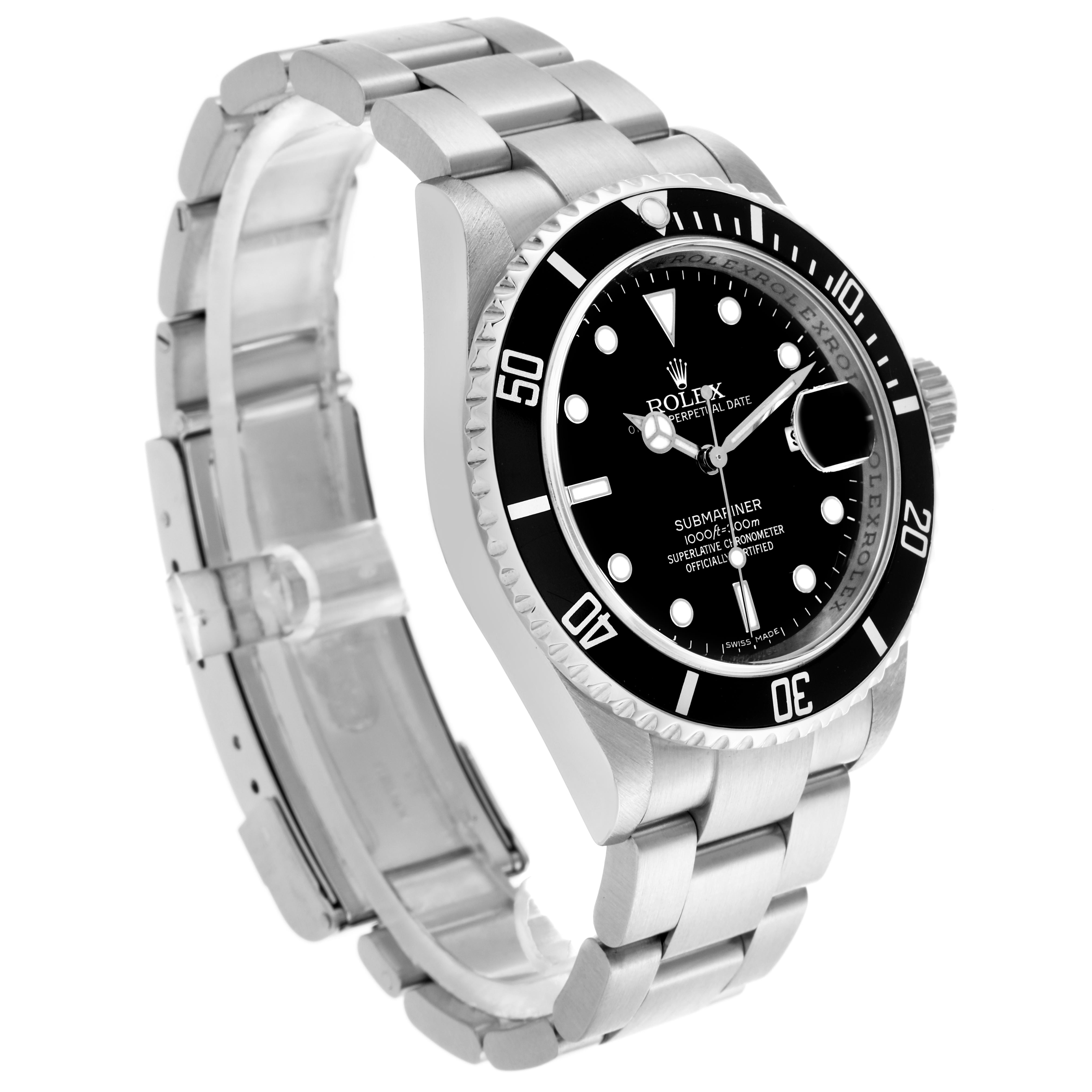 The Rolex Submariner 16610 Men's Stainless Steel Black Dial 16610 Men's Stainless Steel Black Dial watch is shown at a three-quarter angle highlighting its dial, bezel, bracelet, and crown.