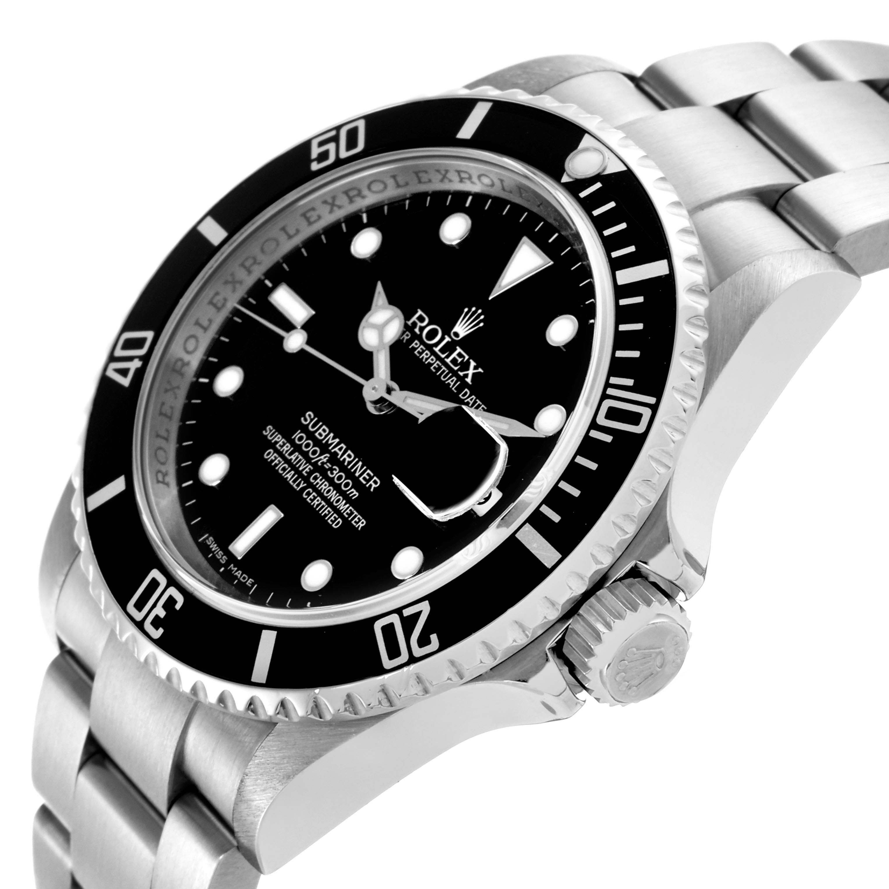 The Rolex Submariner 16610 Men's Stainless Steel Black Dial 16610 Men's Stainless Steel Black Dial watch is shown at an angle highlighting the face, bezel, crown, and bracelet.