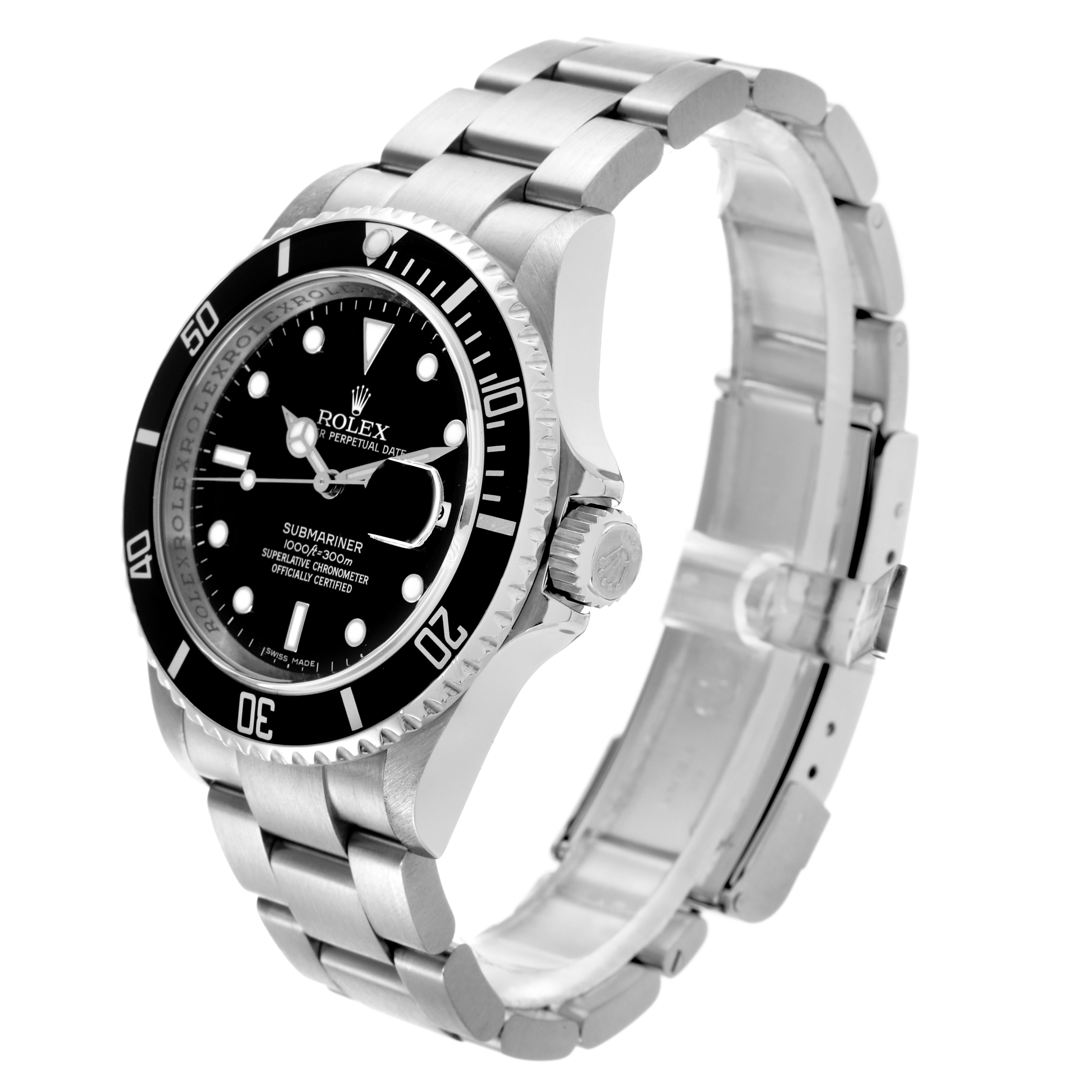 The Rolex Submariner 16610 Men's Stainless Steel Black Dial 16610 Men's Stainless Steel Black Dial watch is shown at a three-quarter angle, displaying the dial, crown, bezel, and bracelet clearly.