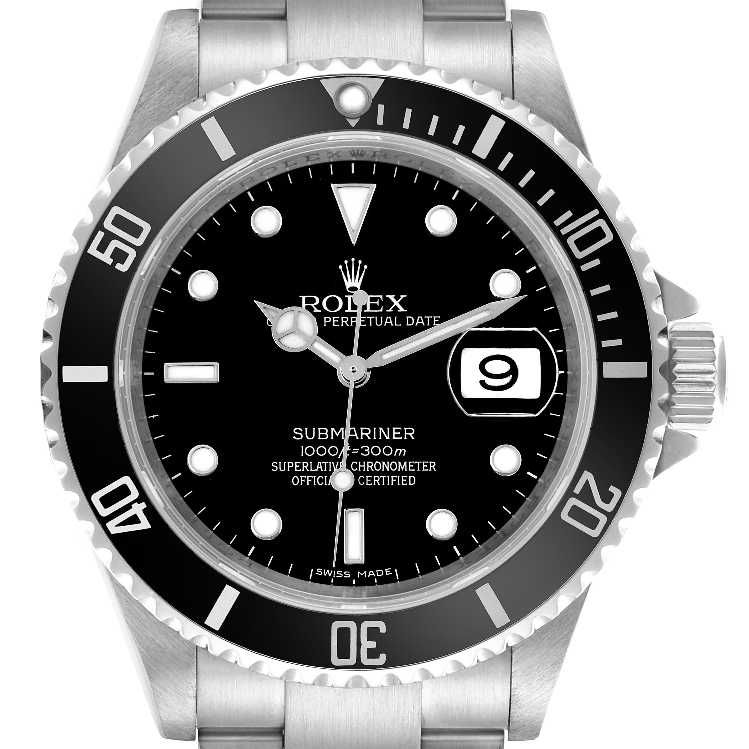 The Rolex Submariner 16610 Men's Stainless Steel Black Dial 16610 Men's Stainless Steel Black Dial watch is shown from the front, highlighting the dial, bezel, hands, and date window.