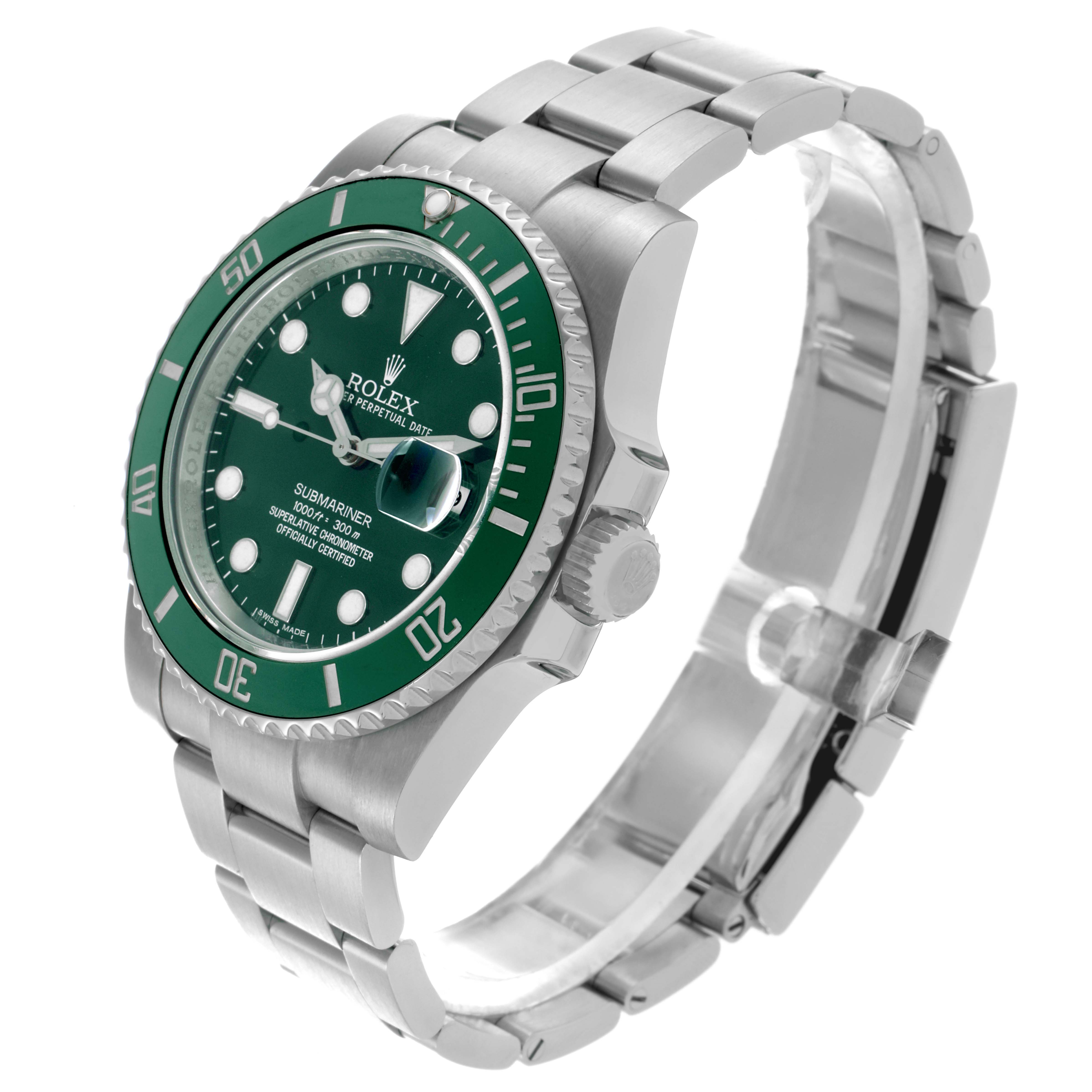 The Rolex Submariner 116610LV Men's Stainless Steel Green Dial 116610LV Men's Stainless Steel Green Dial is shown at a three-quarter angle, highlighting its green bezel, dial, and stainless steel bracelet.