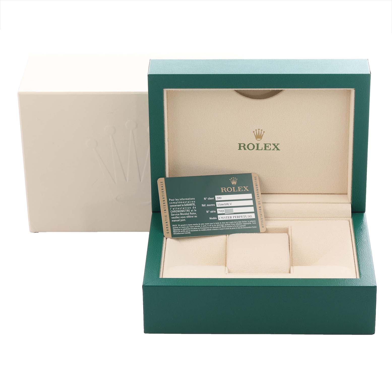 The image shows the packaging and a warranty card for a Rolex Submariner 116610LV Men's Stainless Steel Green Dial 116610LV Men's Stainless Steel Green Dial, with the box open displaying the card inside.