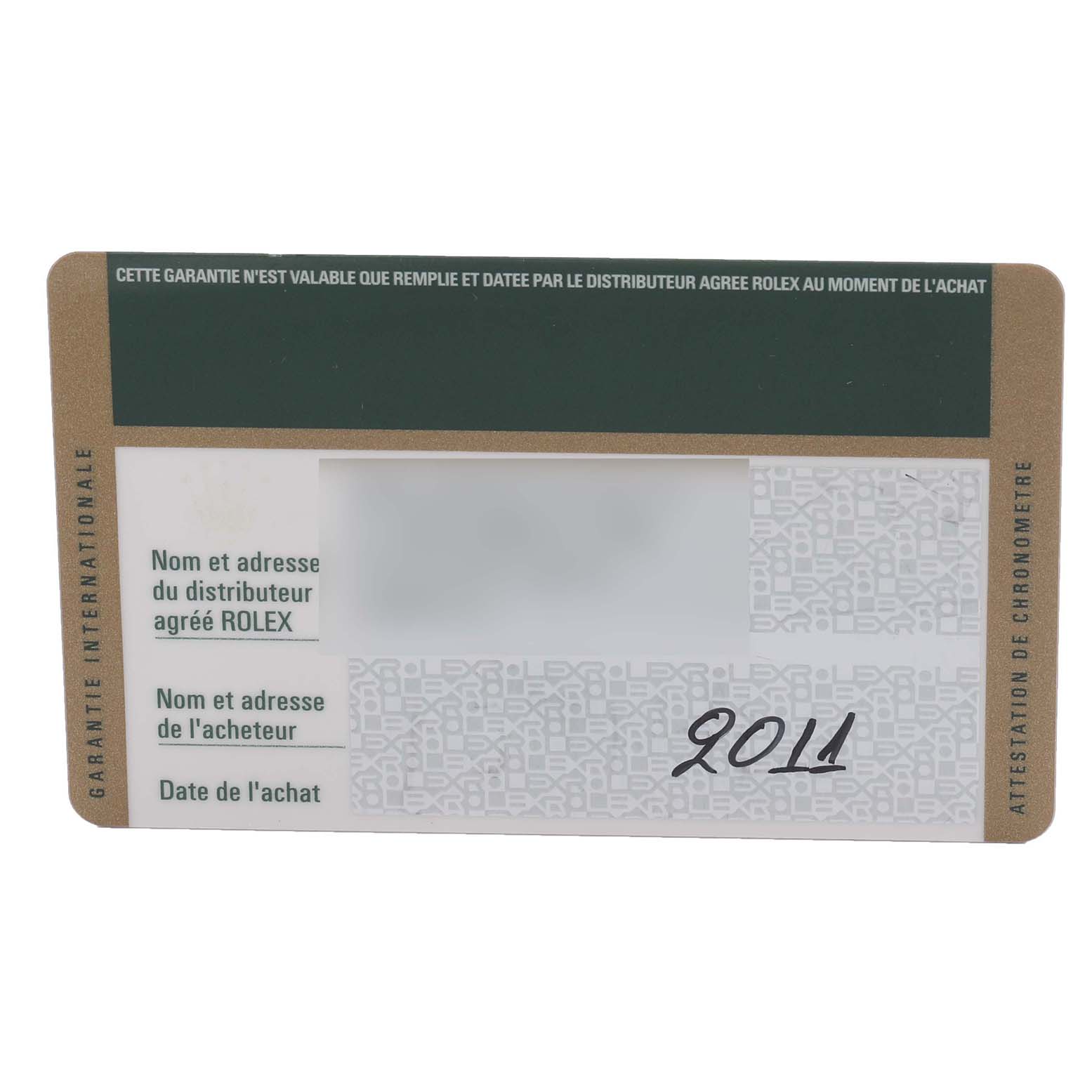 The image shows a Rolex Submariner 116610LV Men's Stainless Steel Green Dial 116610LV Men's Stainless Steel Green Dial guarantee card viewed from the front, displaying warranty details.