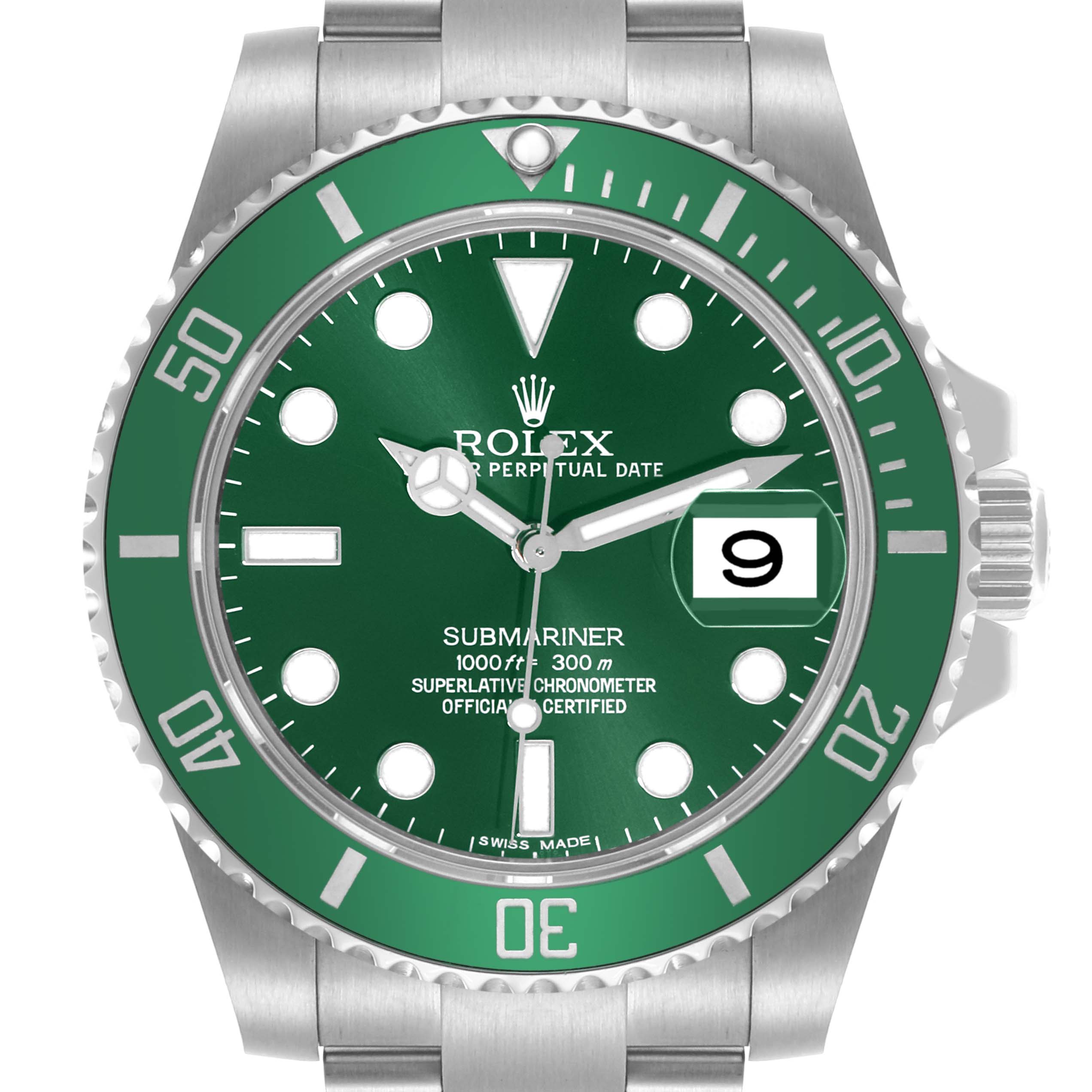The Rolex Submariner 116610LV Men's Stainless Steel Green Dial 116610LV Men's Stainless Steel Green Dial watch is shown from a front angle, displaying the face, bezel, and part of the bracelet.