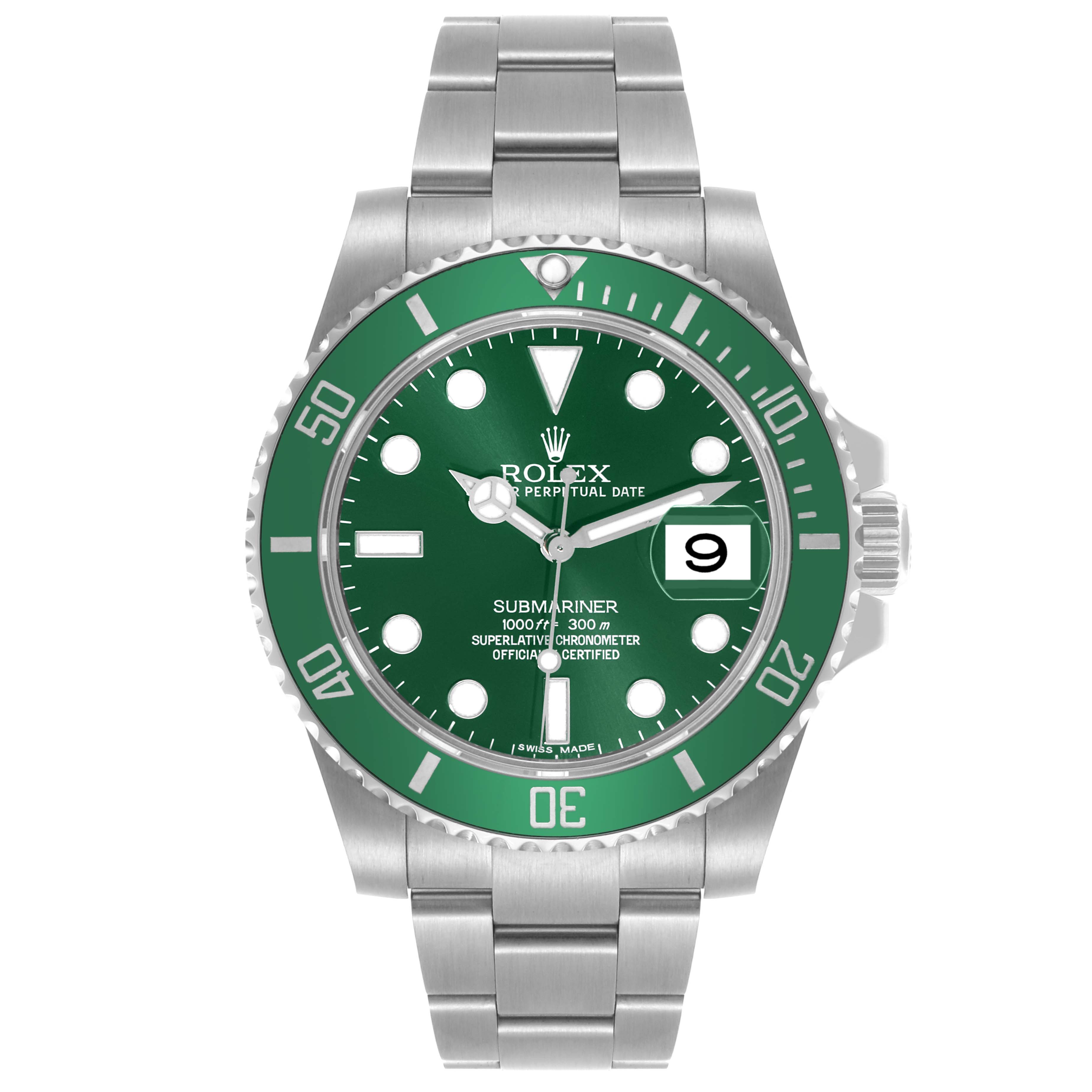 The Rolex Submariner 116610LV Men's Stainless Steel Green Dial 116610LV Men's Stainless Steel Green Dial is shown from a front angle, highlighting the green dial, bezel, and stainless steel bracelet.