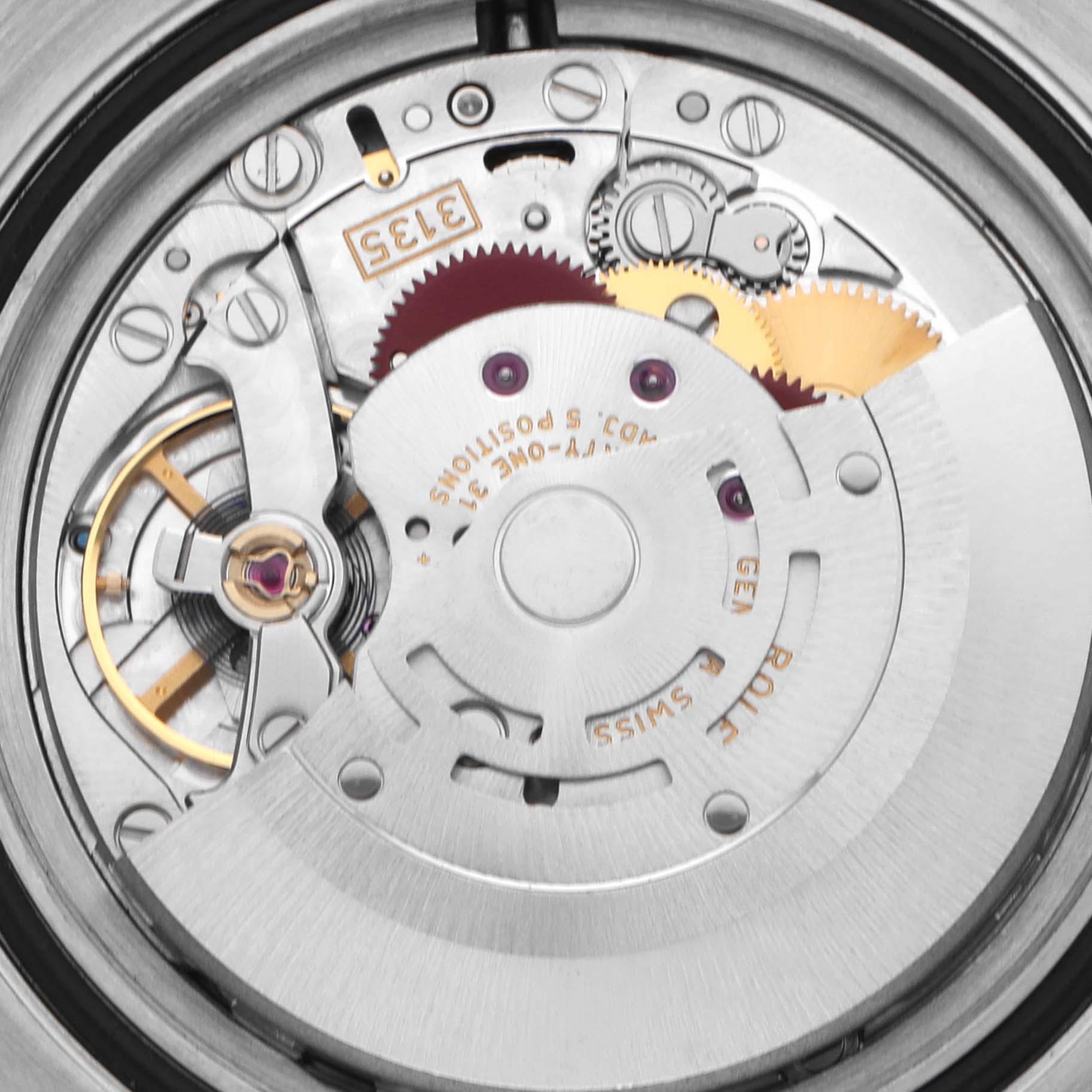 The image shows the movement mechanism of a Rolex Submariner 116610LV Men's Stainless Steel Green Dial 116610LV Men's Stainless Steel Green Dial, focusing on gears and intricate internal components.