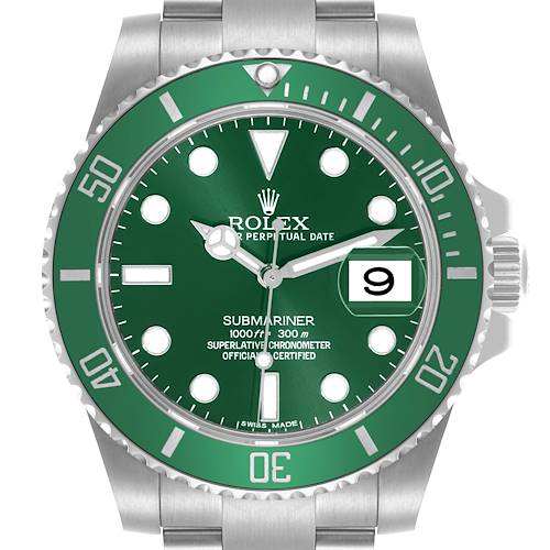 The Rolex Submariner watch is shown from the front, highlighting the green dial, bezel, and crown with detailed time markers.