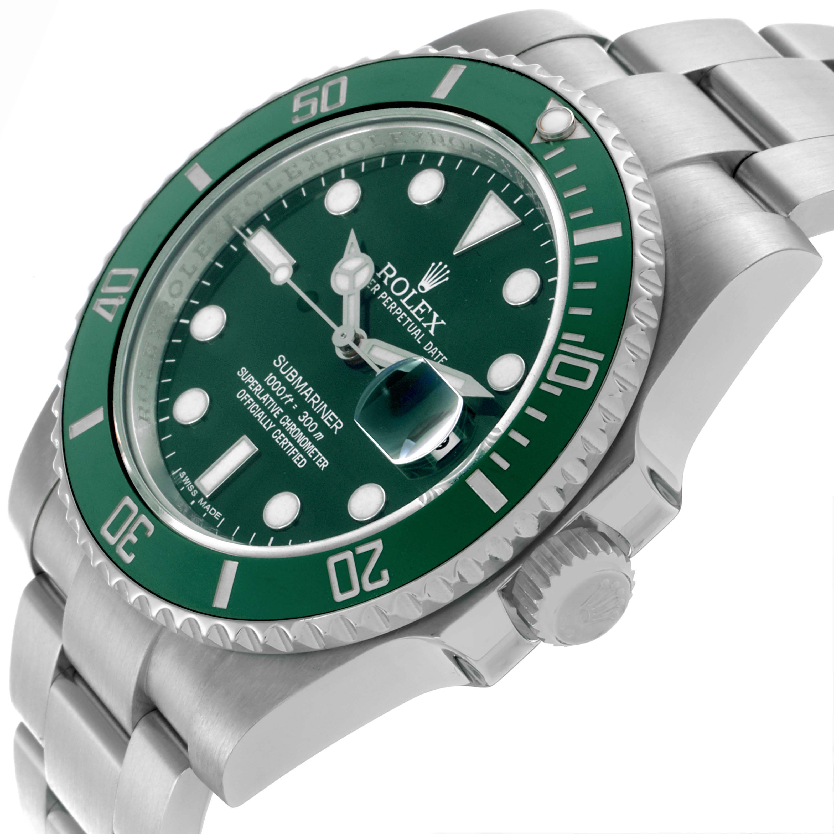 The Rolex Submariner 116610LV Men's Stainless Steel Green Dial 116610LV Men's Stainless Steel Green Dial is shown at an angle highlighting the green bezel, crown, and part of the bracelet.