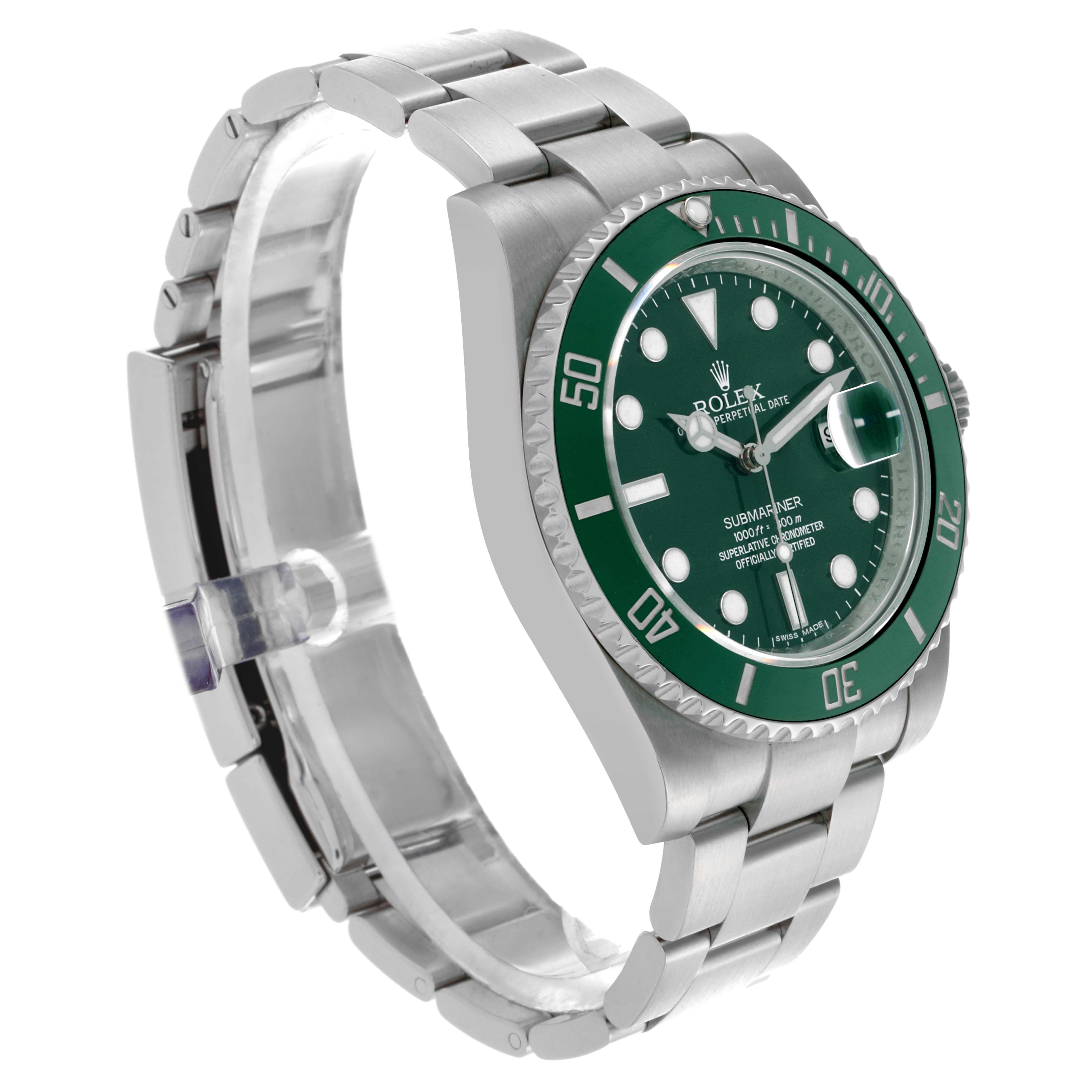 The Rolex Submariner 116610LV Men's Stainless Steel Green Dial 116610LV Men's Stainless Steel Green Dial is shown at a slight side angle, displaying its green bezel, dial, and the metal bracelet.