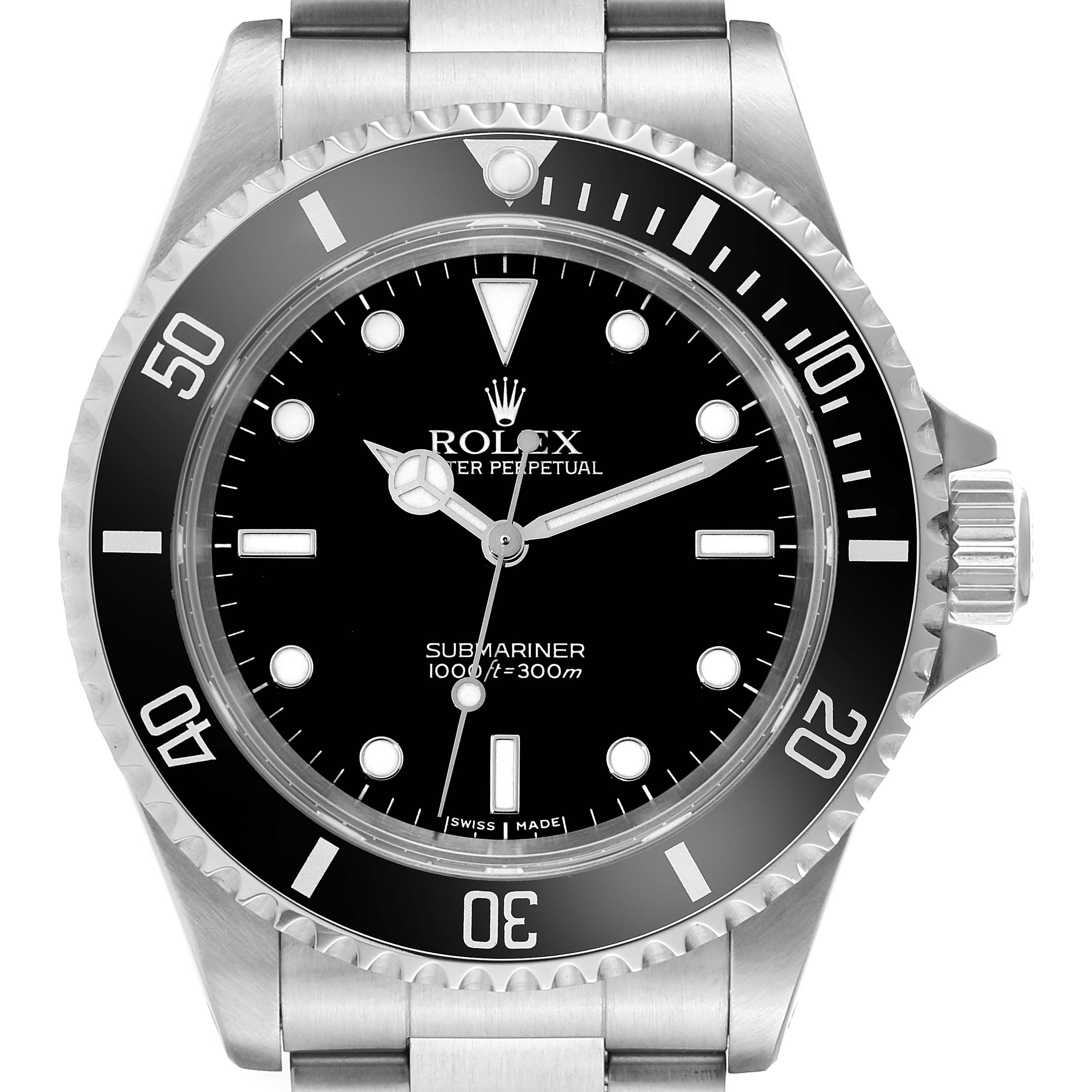 The image shows a front view of a Rolex Submariner 14060 Men
s Stainless Steel Black Dial 14060 Men
s Stainless Steel Black Dial watch, including the bezel, dial, hands, and bracelet.
