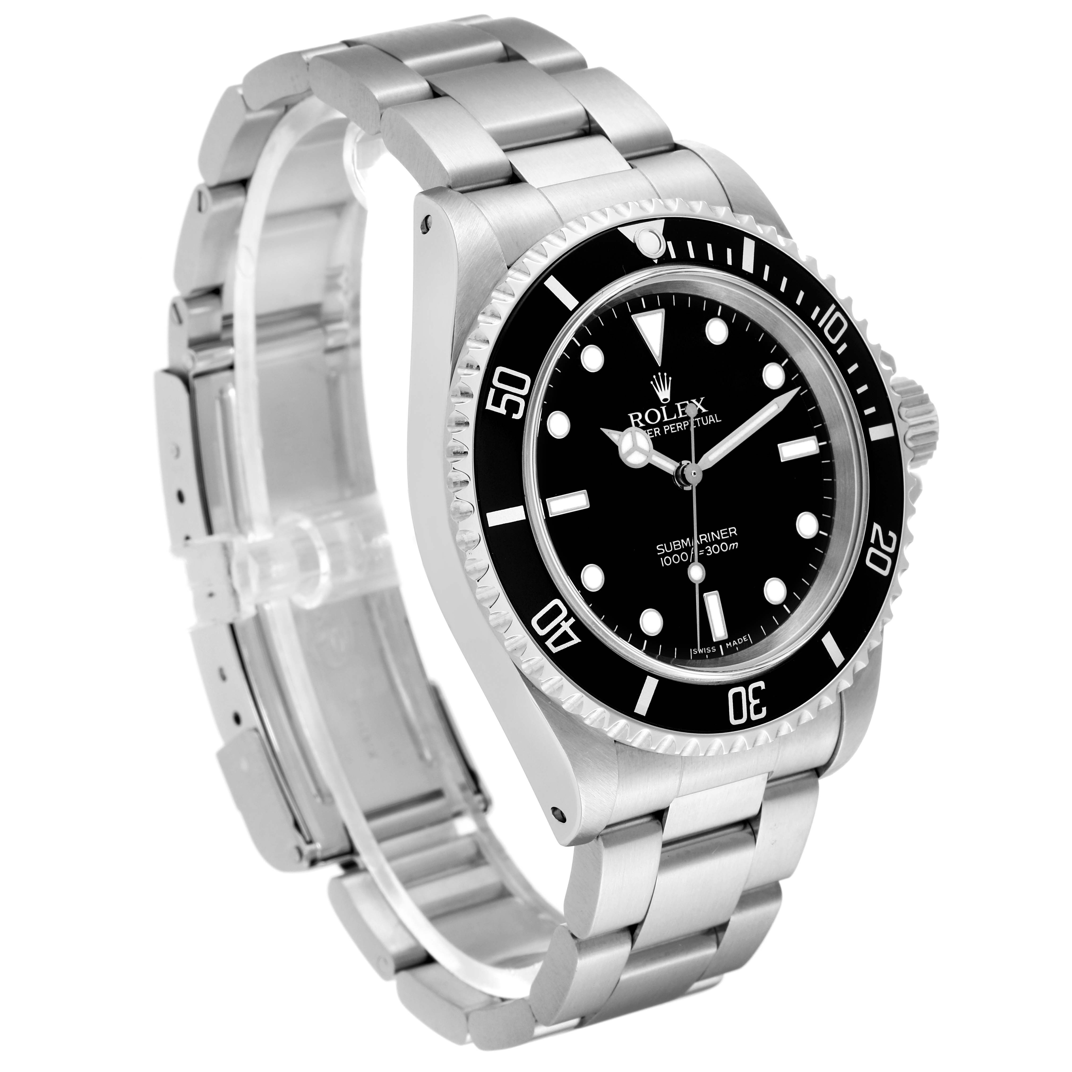 The Rolex Submariner 14060 Men
s Stainless Steel Black Dial 14060 Men
s Stainless Steel Black Dial watch is shown at a three-quarters angle, revealing its stainless steel bracelet, black dial, and bezel.