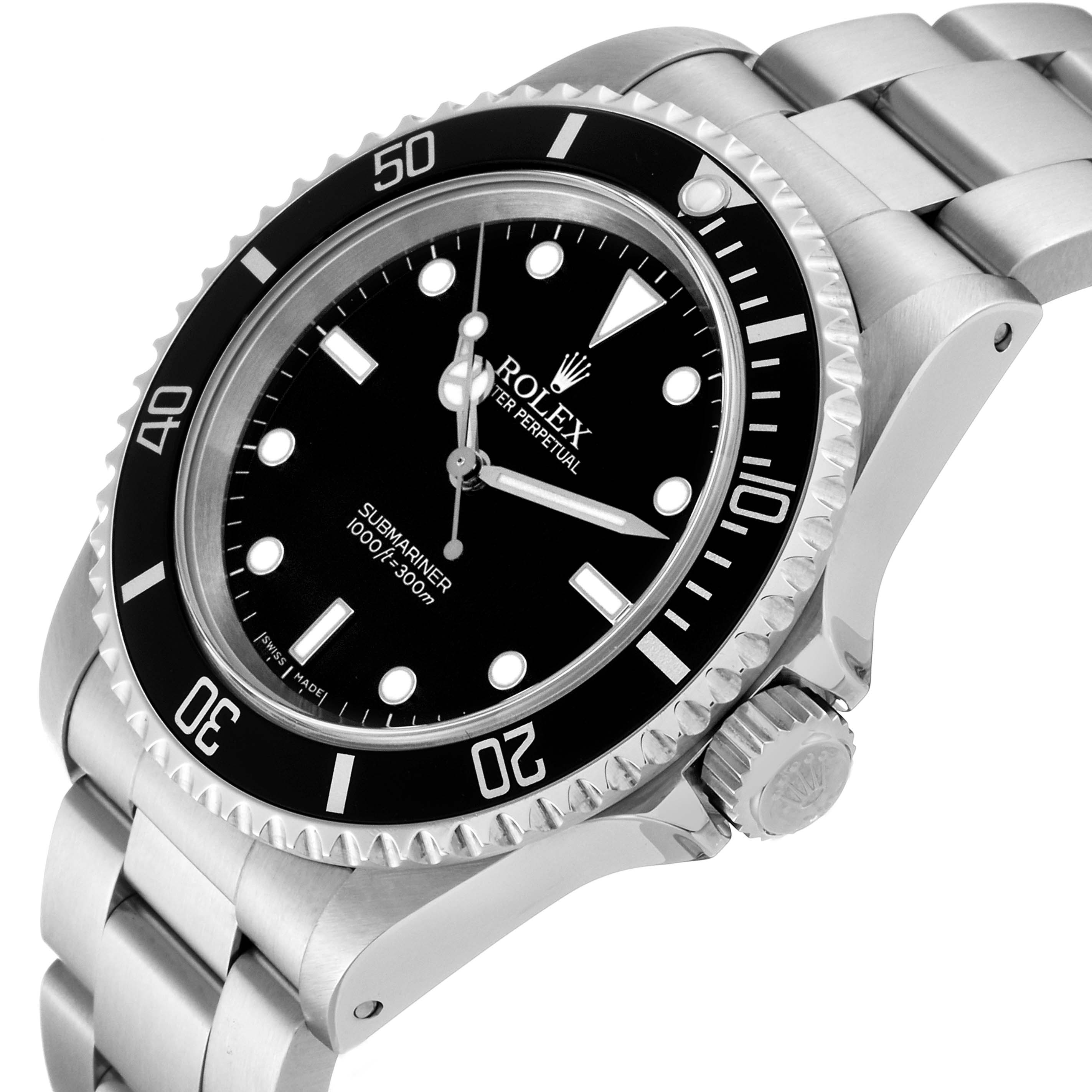 The image shows a Rolex Submariner 14060 Men
s Stainless Steel Black Dial 14060 Men
s Stainless Steel Black Dial watch from a front-side angle, highlighting the dial, bezel, and crown.