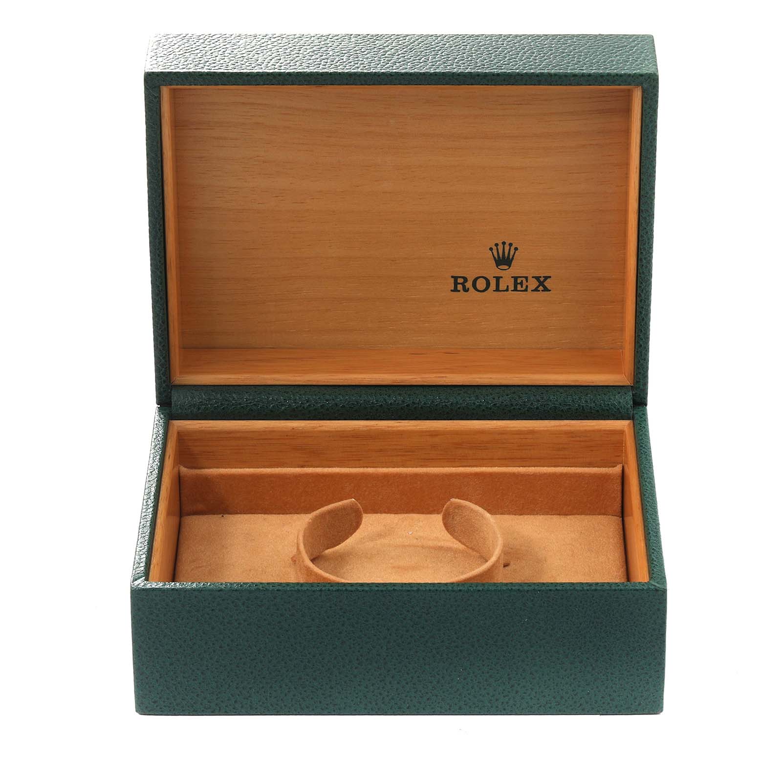 The image shows an open Rolex Submariner 14060 Men
s Stainless Steel Black Dial 14060 Men
s Stainless Steel Black Dial watch box, with a green exterior, wooden interior, and a cushion for the watch.