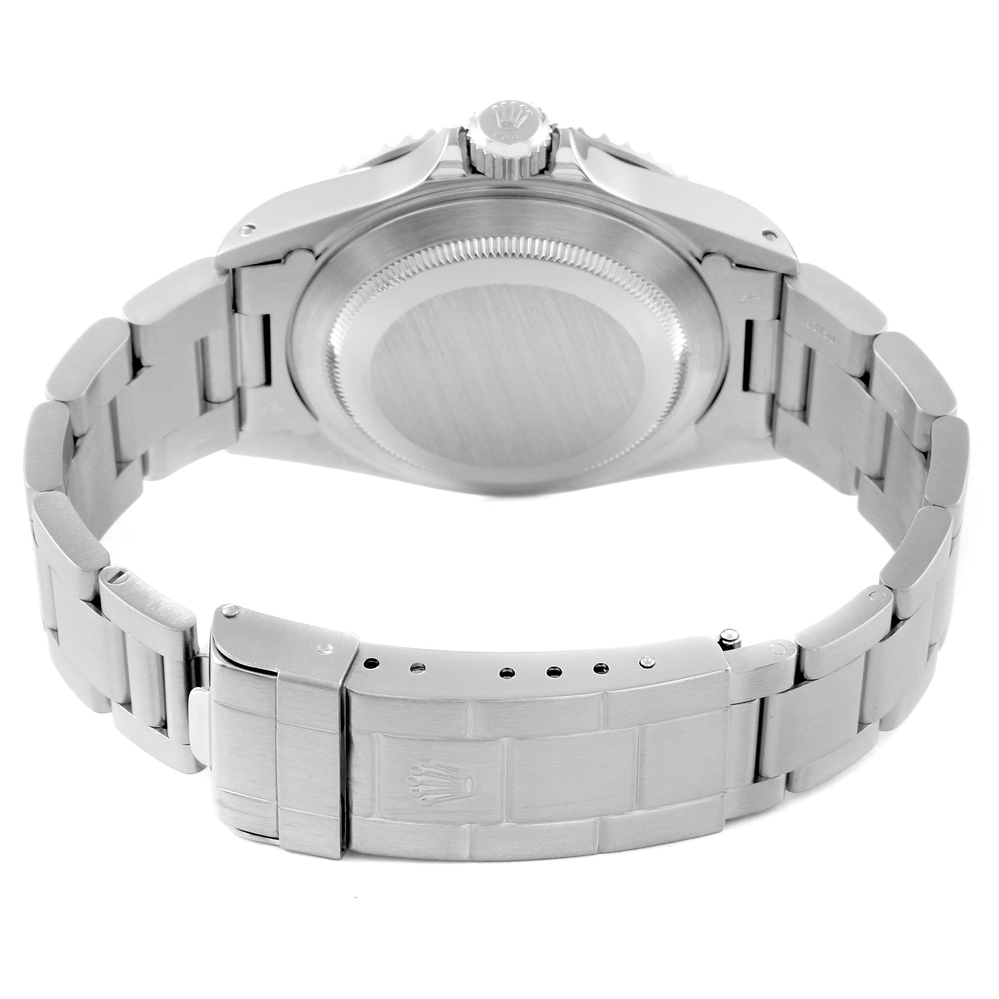 The image shows the back view of a Rolex Submariner 14060 Men
s Stainless Steel Black Dial 14060 Men
s Stainless Steel Black Dial watch, highlighting the bracelet and clasp.