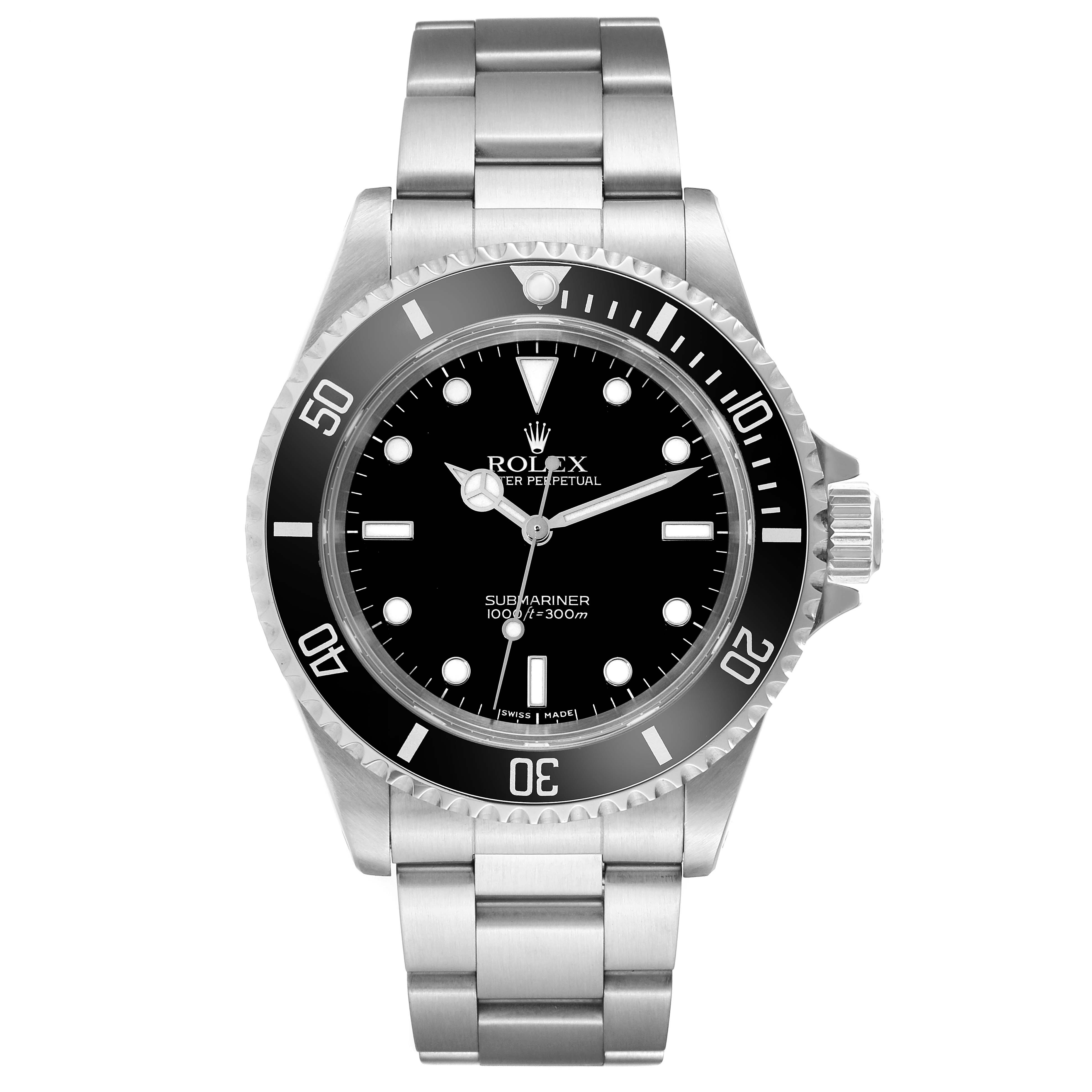The Rolex Submariner 14060 Men
s Stainless Steel Black Dial 14060 Men
s Stainless Steel Black Dial watch is shown from a front angle, displaying the dial, bezel, and bracelet.