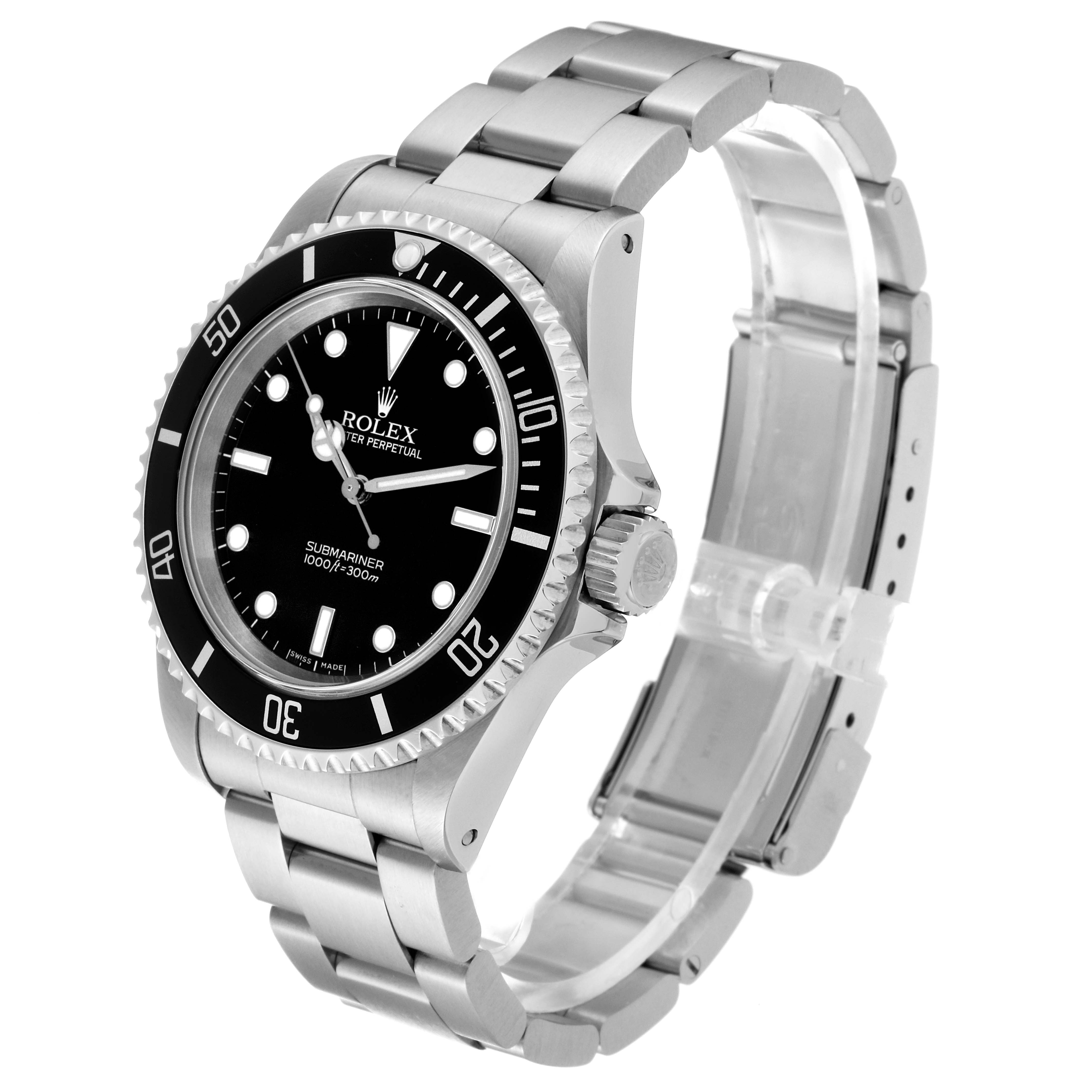 The Rolex Submariner 14060 Men
s Stainless Steel Black Dial 14060 Men
s Stainless Steel Black Dial watch is shown at a slight angle, displaying its face, bezel, crown, and stainless steel bracelet.
