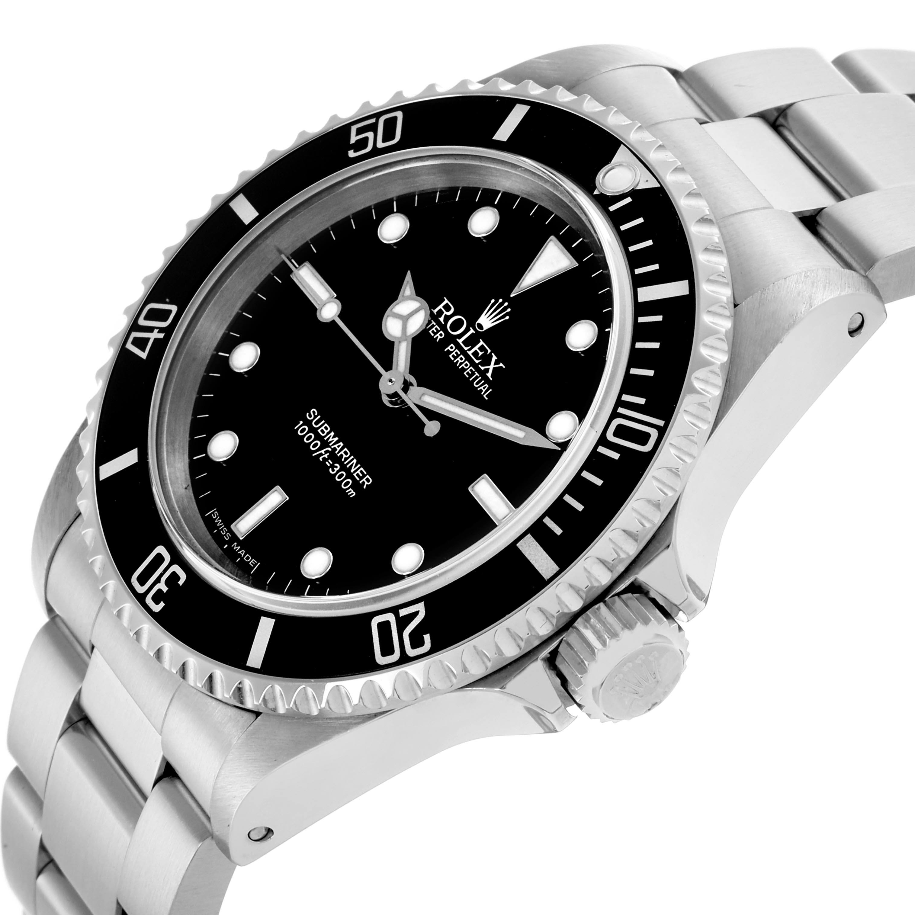 The Rolex Submariner 14060 Men's Stainless Steel Black Dial 14060 Men's Stainless Steel Black Dial watch is shown at an angled side view, highlighting the bezel, crown, dial, and bracelet.