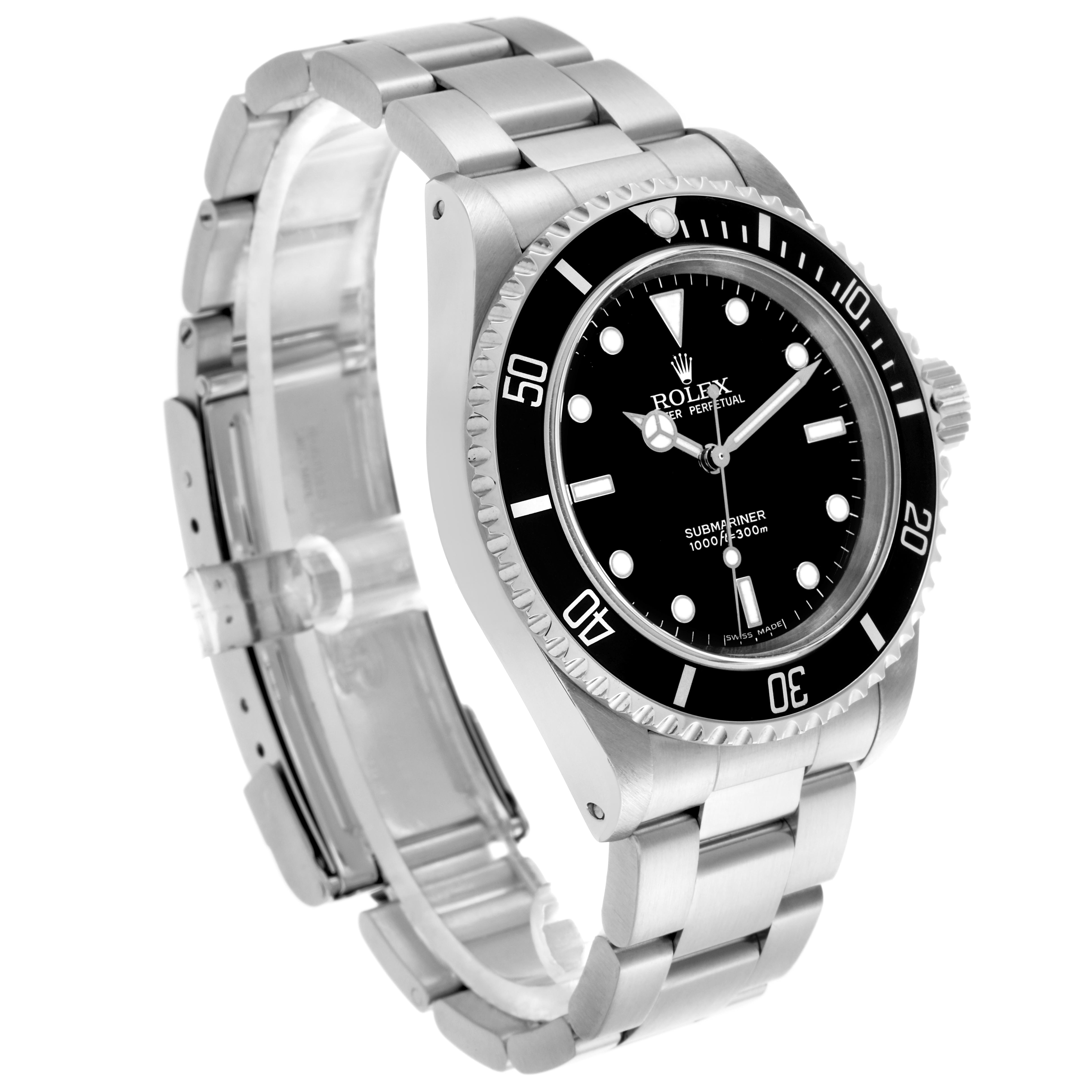 The Rolex Submariner 14060 Men's Stainless Steel Black Dial 14060 Men's Stainless Steel Black Dial watch is shown at a three-quarter angle, highlighting the face, bezel, case, and bracelet.