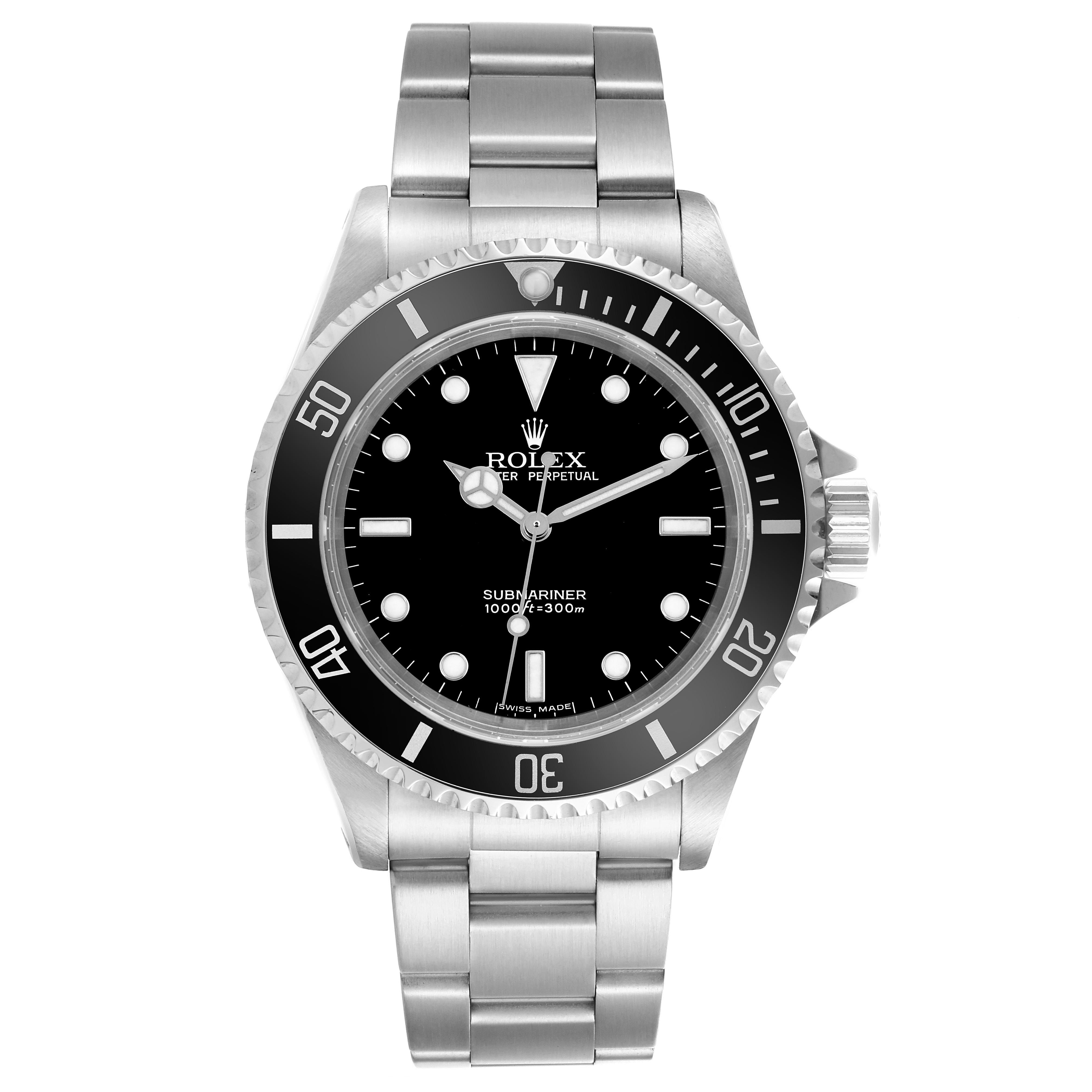The Rolex Submariner 14060 Men's Stainless Steel Black Dial 14060 Men's Stainless Steel Black Dial watch is shown from a front view, displaying its bezel, dial, hands, markers, and bracelet.
