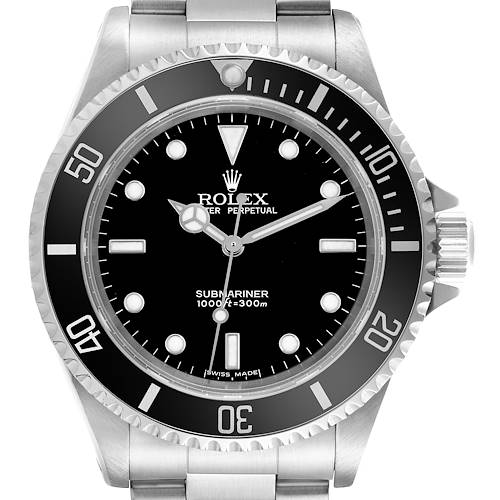 The Rolex Submariner watch is shown from a front angle, displaying the bezel, dial, hands, and a portion of the bracelet.