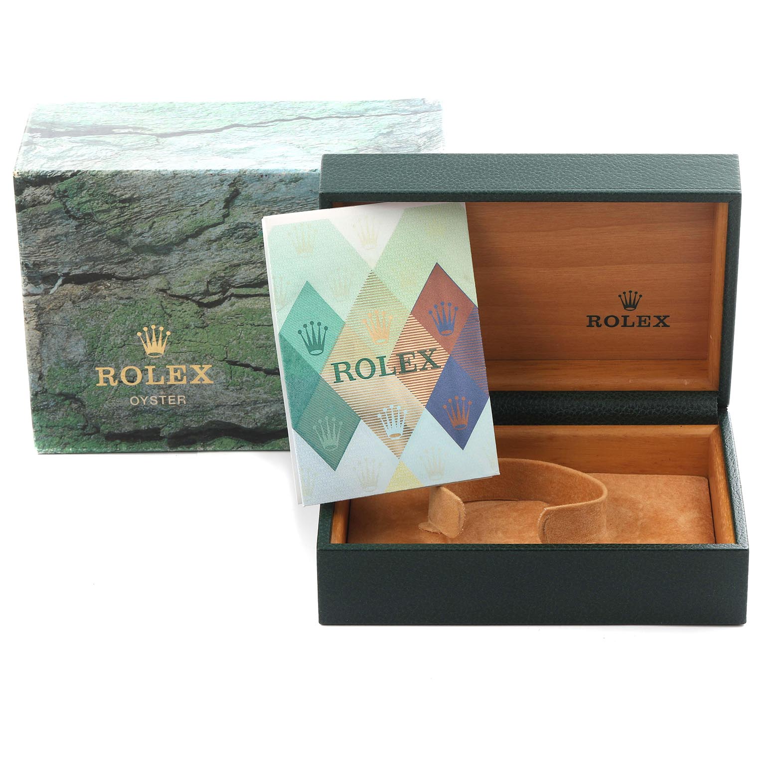 The image shows a Rolex Submariner 14060 Men's Stainless Steel Black Dial 14060 Men's Stainless Steel Black Dial box with an open view, revealing the wooden interior and a folded booklet.