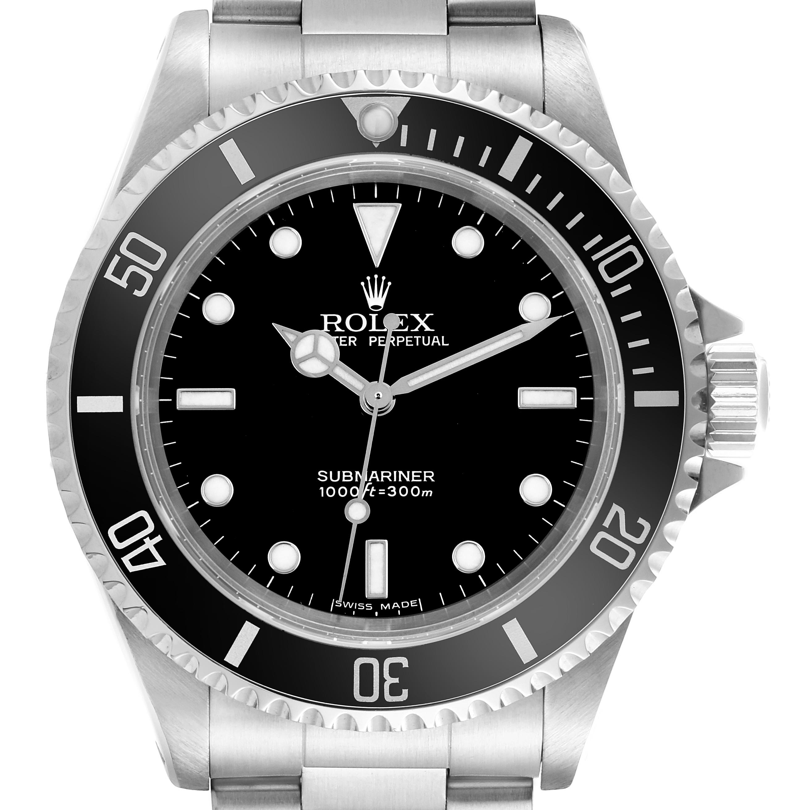 The Rolex Submariner 14060 Men's Stainless Steel Black Dial 14060 Men's Stainless Steel Black Dial watch is shown from a top-down view, highlighting the dial, bezel, and part of the bracelet.
