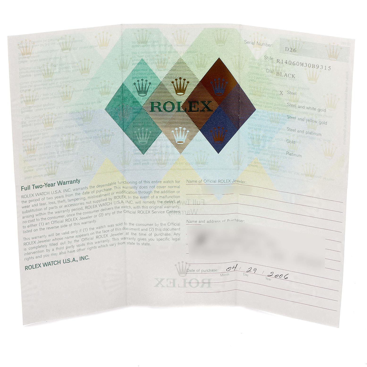 The image shows a warranty card for a Rolex Submariner 14060 Men's Stainless Steel Black Dial 14060 Men's Stainless Steel Black Dial watch, featuring text and logos.