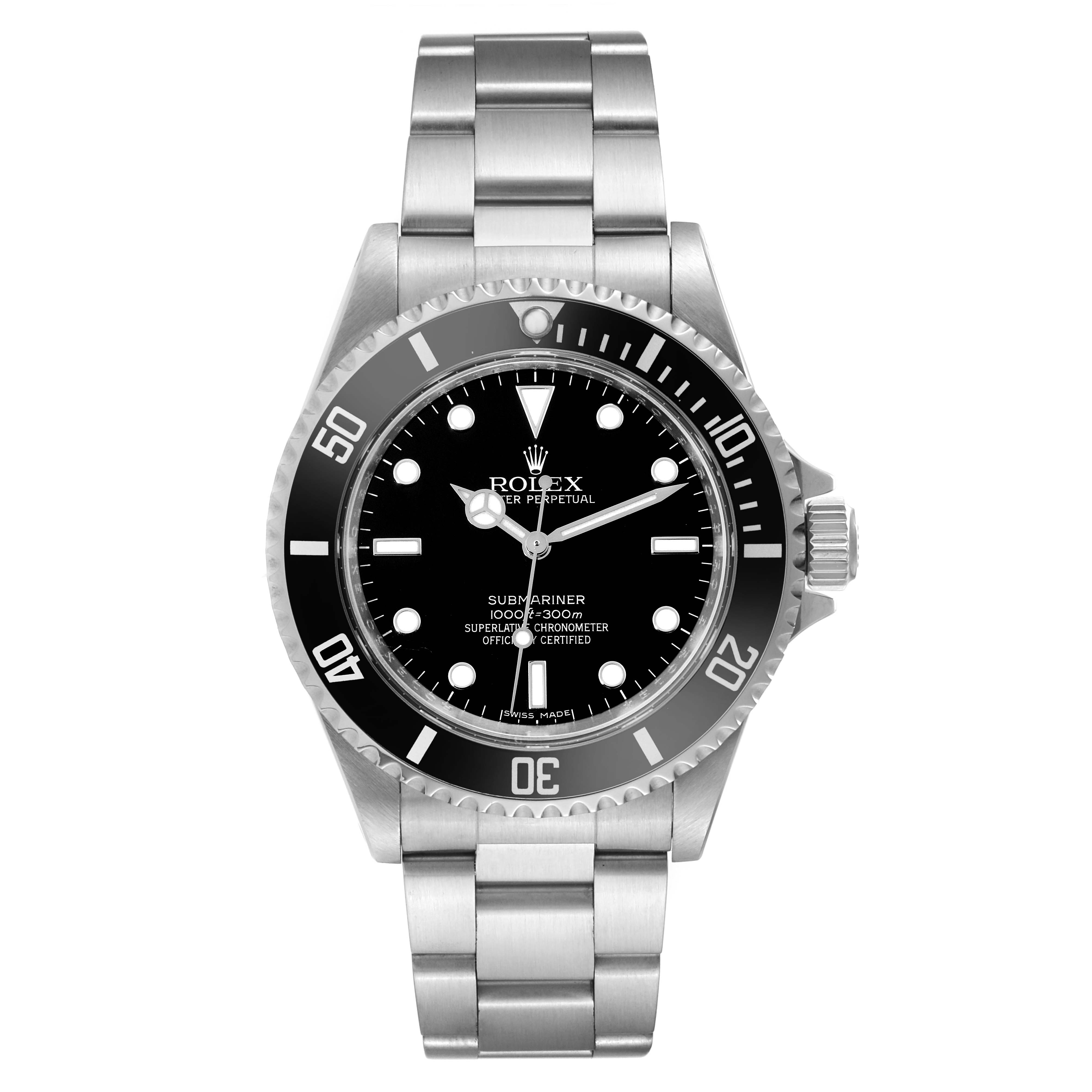 The image shows a full frontal view of a Rolex Submariner 14060 Men
s Stainless Steel Black Dial 14060 Men
s Stainless Steel Black Dial watch, highlighting its bezel, dial, and stainless steel bracelet.