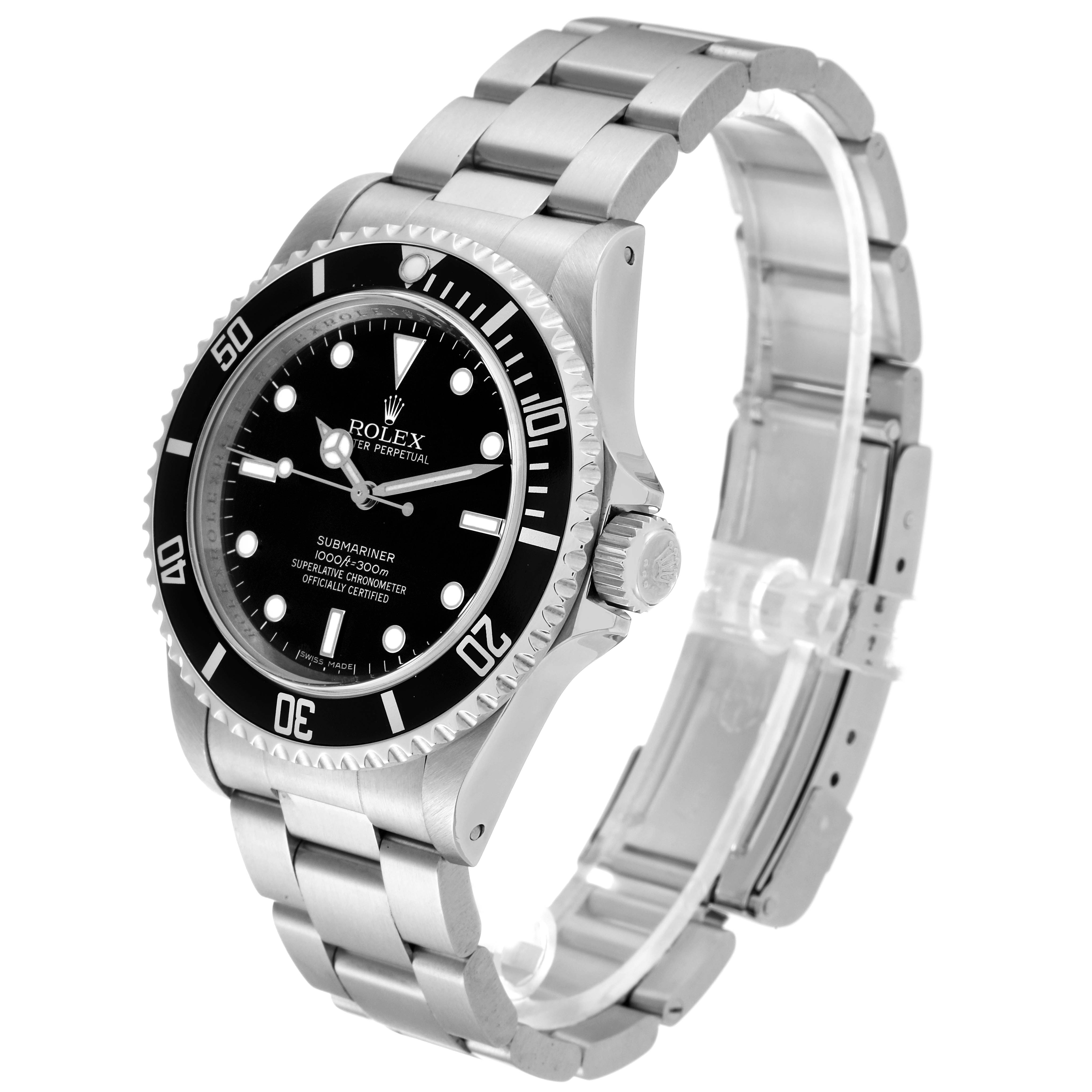The Rolex Submariner 14060 Men
s Stainless Steel Black Dial 14060 Men
s Stainless Steel Black Dial watch is shown from an angled side view, highlighting the face, bezel, crown, and bracelet.