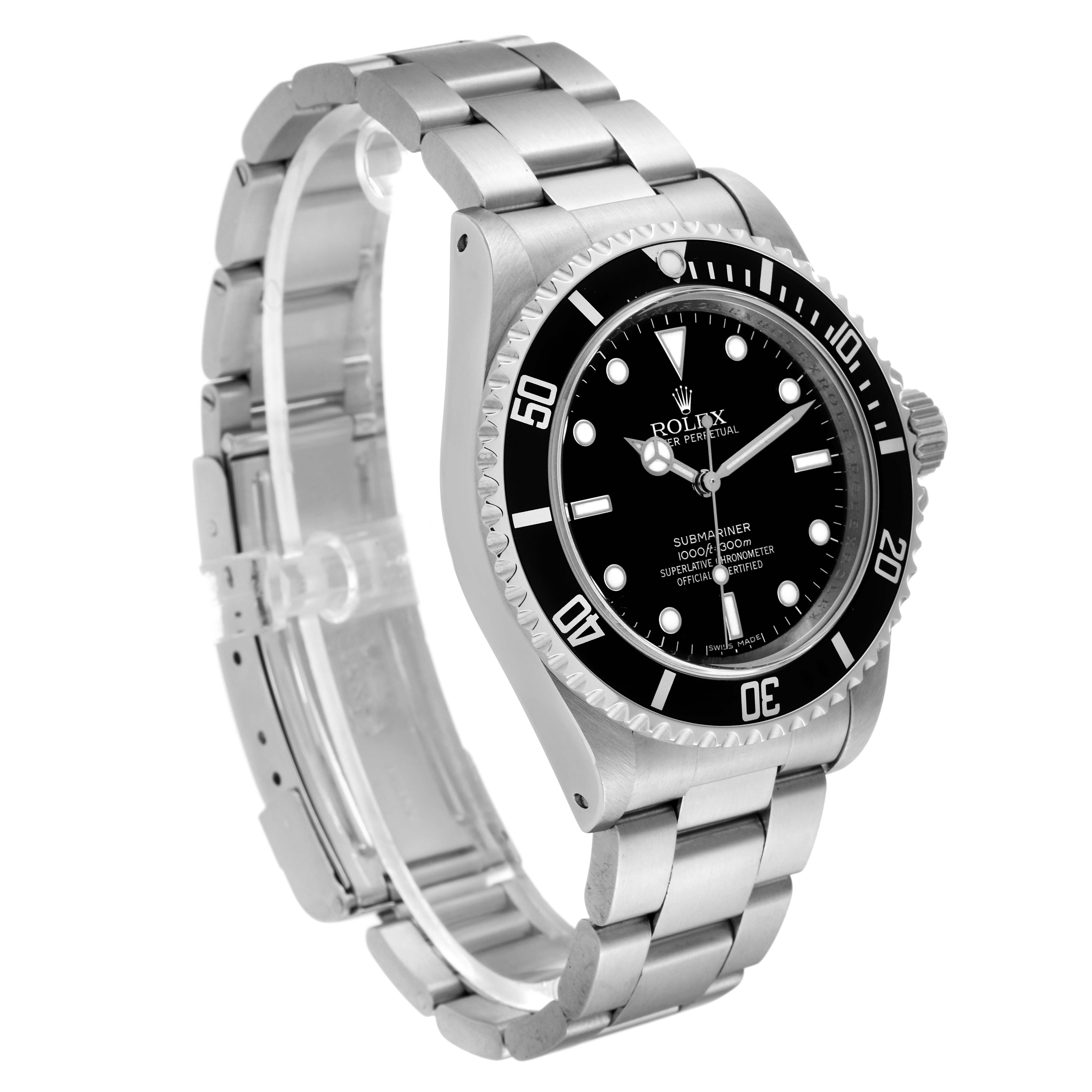 This image shows a Rolex Submariner 14060 Men
s Stainless Steel Black Dial 14060 Men
s Stainless Steel Black Dial watch with a three-quarter angle view, highlighting the face, bezel, and bracelet.