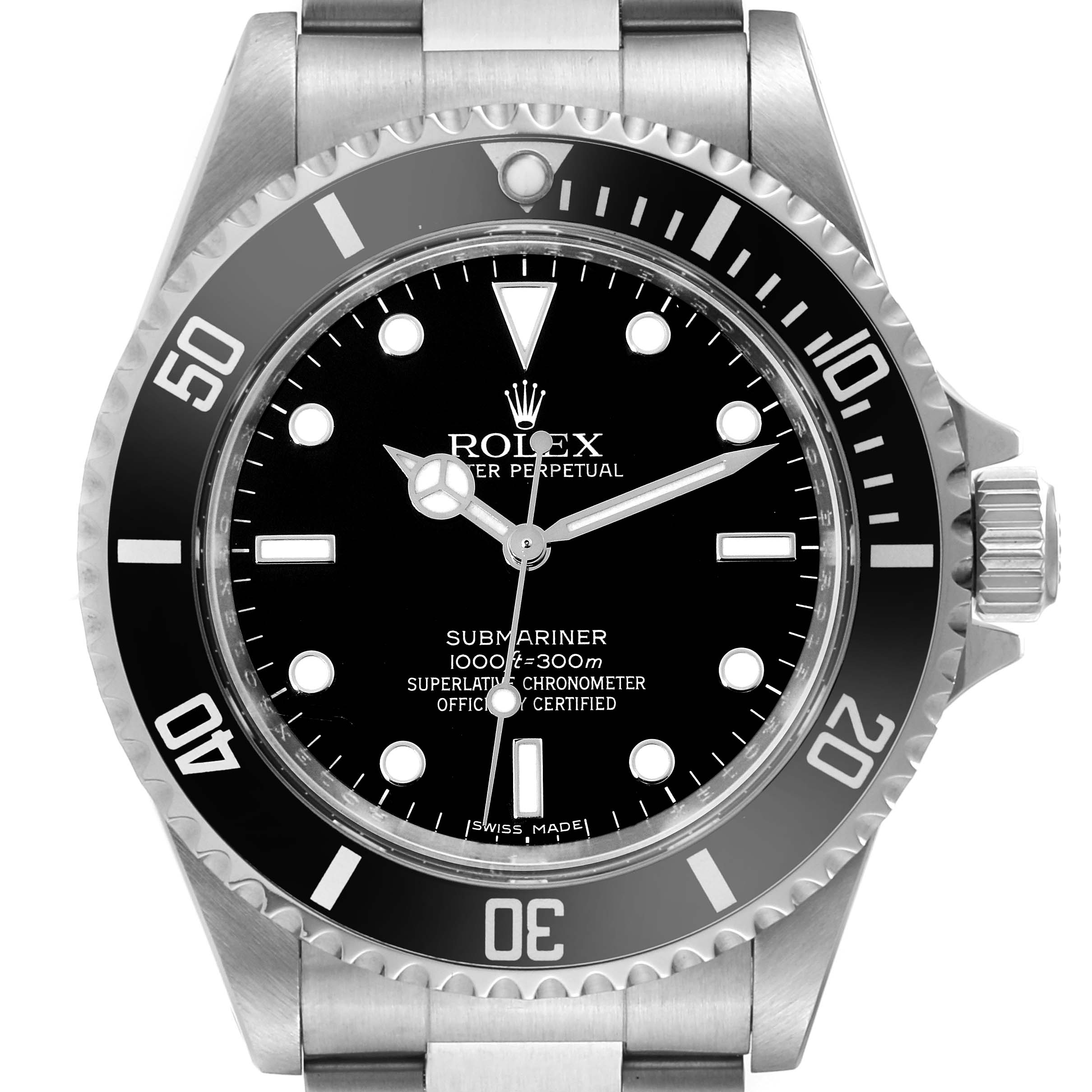 This is a head-on view of the Rolex Submariner 14060 Men
s Stainless Steel Black Dial 14060 Men
s Stainless Steel Black Dial watch, showing the face, bezel, crown, and part of the band.