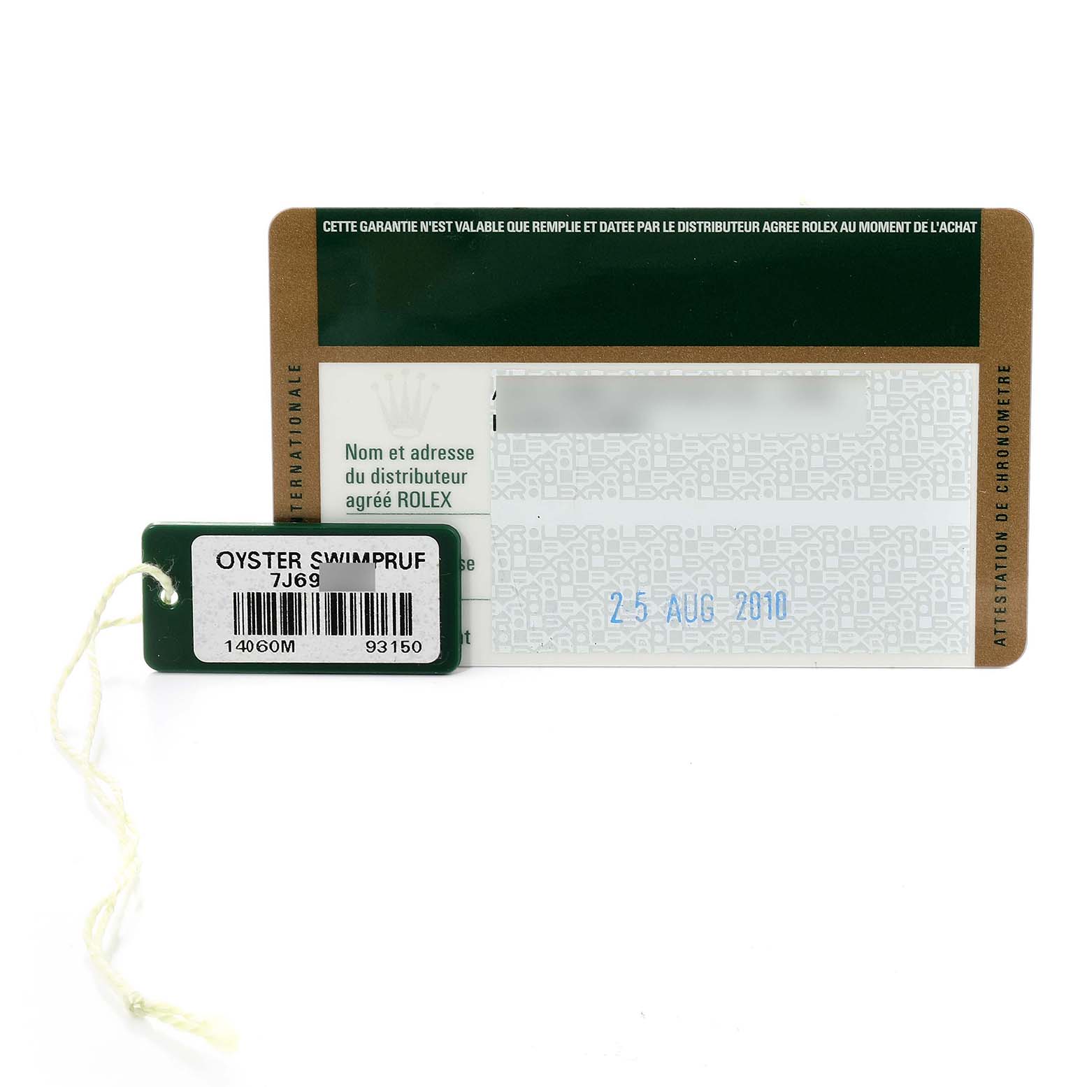 The image shows the Best Quality
ity and warranty card for a Rolex Submariner 14060 Men
s Stainless Steel Black Dial 14060 Men
s Stainless Steel Black Dial along with an Oyster Swimpruf tag.